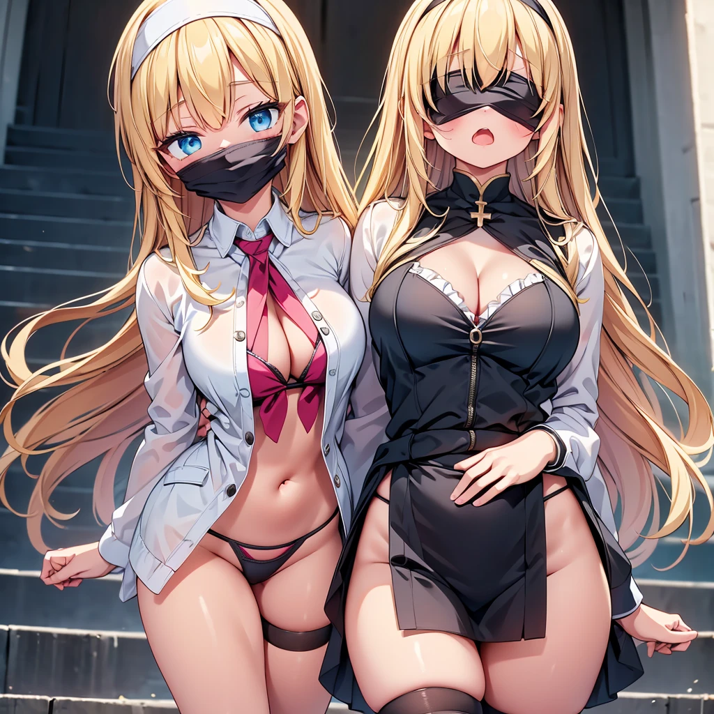 highest quality,wonderful,finely,extremely detailed CG Unity 8K wallpaper, (girl, very long hair, blonde, clothed), (white nun :1.2), (midium breasts), (loincloth), (cleavage cutout), (open mouth:1.1), (long tongue:1.1), (mouth drool:1.1), (black stockings:1.1),(Thighs:1.2),(Waistline:1.2),(black blindfold, blindfold:1.5)