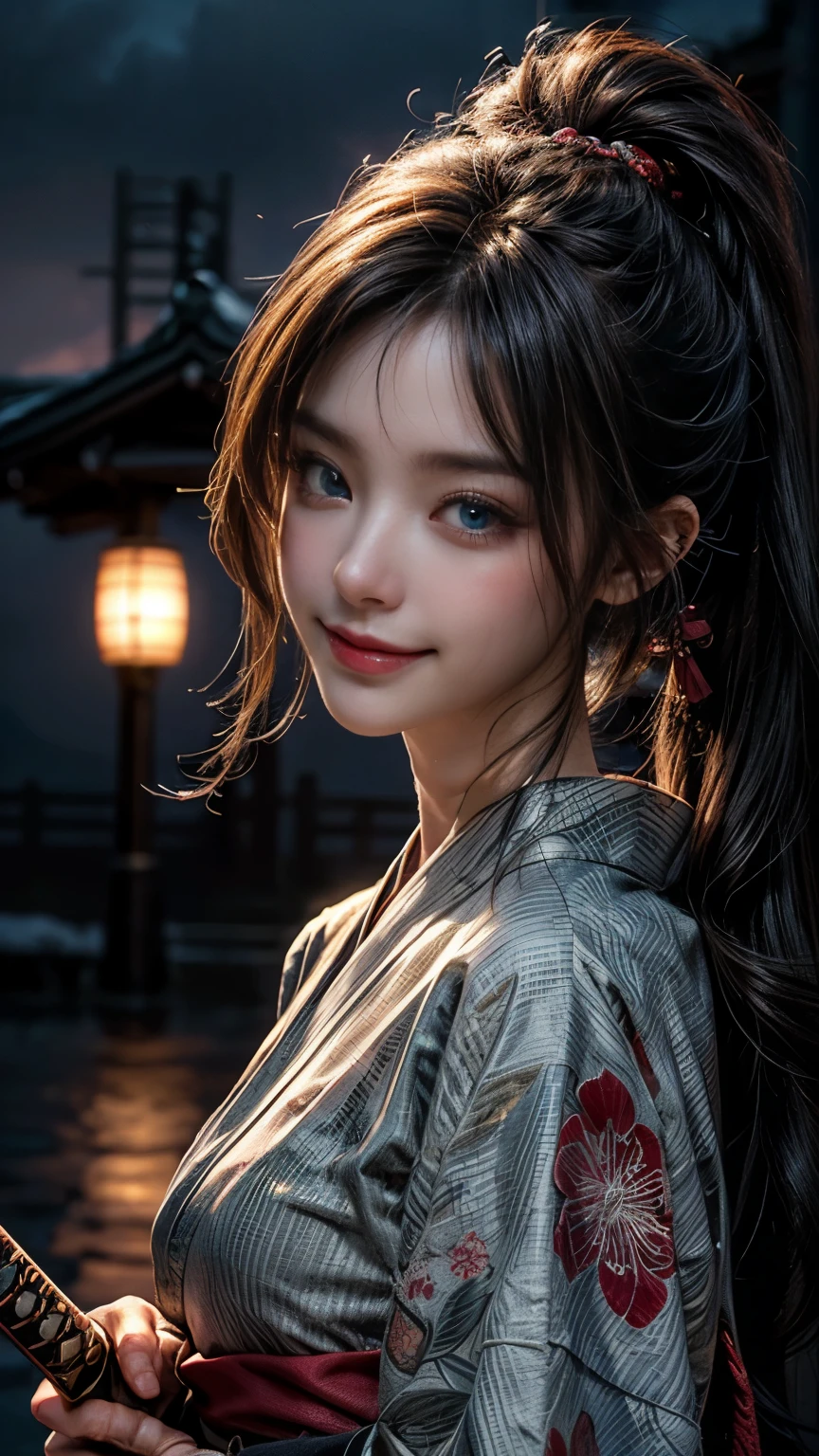 (RAW Shot: 1.5, Photorealistic: 1.5, 8k, Top Quality, Masterpiece, Ultra High Resolution), Japan, Magic and Sword World, Perfect Dynamic Composition: 1.2, Mysterious: 1.3, Detailed Skin and Face Texture: 1.3, Cute Slim Female Samurai, Aesthetic and Beautiful: 1.2, Cute and sexy beauty, perfect style, wearing elaborate rings, holding a Japanese sword: 1. 1, fire, water, wind, lightning, ice, beautiful skin, very beautiful face, (shy smile, expression when feeling intense caress, expression when feeling pleasure), (wearing kimono: 1.1,), (beautiful blue eyes, beautiful erotic eyes: 0 .8), (too erotic: 0.9, bewitching: 0.9), (closeup shot, full body tattoo, night, bewitching lighting)