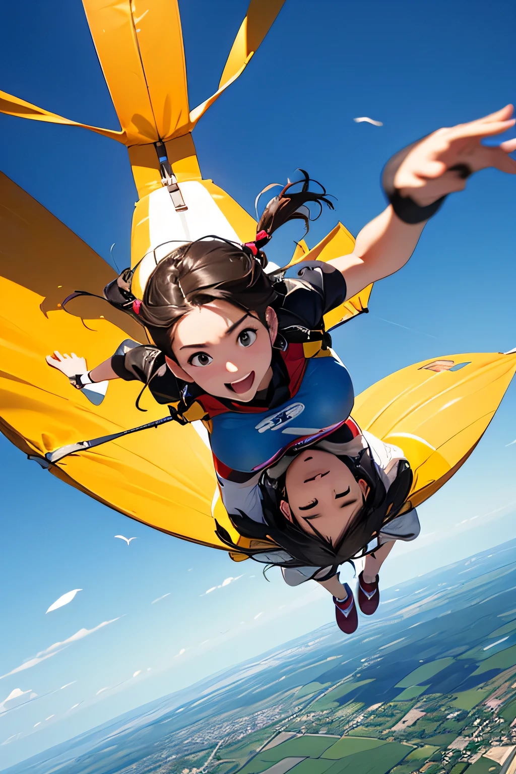 highest quality、High resolution、Detailed Background、Beautiful face in every detail、Anatomically correct、(Draw a normal number of fingers:1.2)、(Detailed facial expressions:1.2)、age beauty、Huge breasts、Perfect body line、Cute color hair color、Braided long hair、Braided Ponytail、Braided Hairstyles、Wavy Hairstyle、well-groomed eyebrows、Super height、(Ultra-Wide Angle:1.5)、
(Two beautiful girls excited enjoying thrilling activities at super height:1.5)、
I'm extremely excited、Ultra high tension、Uplifting、
I'm very excited the moment an airplane door is opened and I'm thrown into the air、
The strength of the wind and the sense of altitude The feeling of free fall you experience for the first time heightens the excitement、
The free fall from jumping off an airplane until the parachute opens is thrilling and excited-boosting、
You can test your own limits and courage while feeling the feeling of falling at a high speed and changes in the surrounding scenery、
The moment the parachute opens after completely turning from free fall, the speed decreases all at once and it shifts to a quiet atmosphere、this moment is a mixture of excitement and relief、
After the parachute opens, you can enjoy the feeling of slowly flying through the air、
The feeling of floating in the wind and taking a walk in the air while admiring the beautiful scenery also heightens the excitement、
The last step in skydiving is the moment you land safely on the ground、
You can enjoy the excitement by using a parachute to glide and timing your landing、
The skydiving experience will give you the excitement and excitement you'll never forget、
Let's jump together and make memories in the air with two or more partner jumps, such as couples or parents、
The pets we skydive with are cute too、
If you prepare the right equipment such as a small dog or cat and jump together, the pet's facial expressions and reactions are fun、
A group that skydives with friends and friends coexists with cuteness and fun、
The sight of everyone jumping into the air together is so colorful and cute、
You can also choose cute characters and colorful patterns to design your parachute、You can enjoy loveliness and excitement at the same time as the sight of big cute characters and patterns spreading in the air、
Skydiving is a thrilling and adventurous activity, but don't forget to incorporate smiles and cuteness、
Pair a sporty top with colorful shorts、
Choose bright colors or patterns for tops、
A freestyle jumpsuit is the perfect item for skydiving、
You can show off your cuteness by choosing a design with a colorful pattern or embroidery、
Pair an oversized t-shirt with colorful leggings、
Choose T-shirts with cute characters or logos printed on them、
Choose sporty sneakers that are comfortable to wear、
It's stylish and cute when you incorporate accessories such as caps and sunglasses、
Don't forget to choose the right equipment to ensure ease of movement and safety