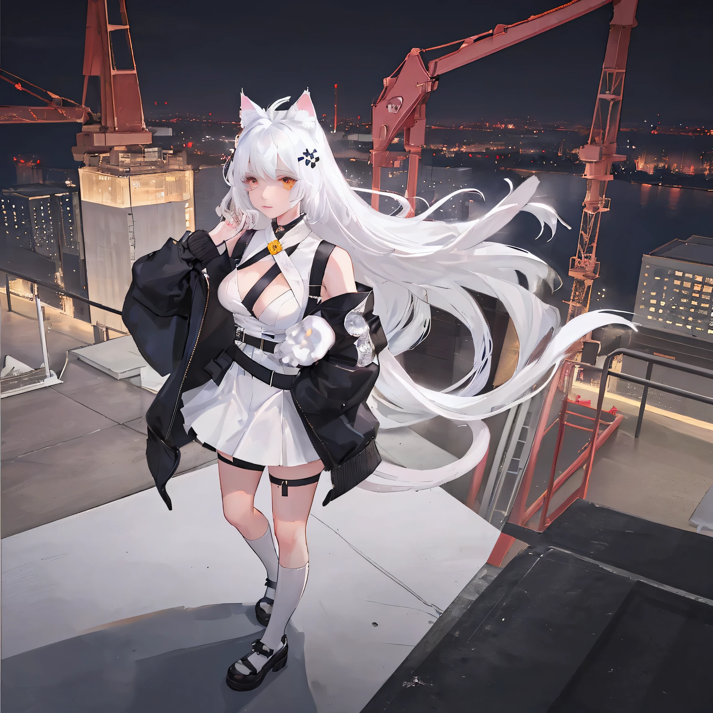 Girl,White hair,Cat ears,Short skirt,White Silk,Big Breasts,cute,Facial details,night,Construction site upstairs,Standing on a crane,Overlooking the city