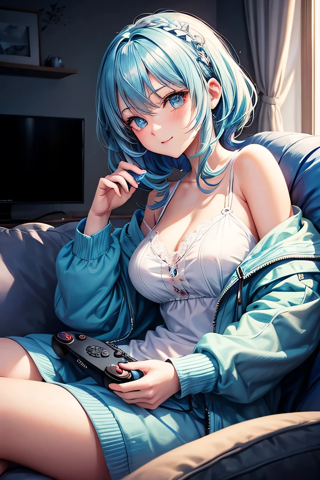 1girl, bluenette hair, light blue hair, next door girl, laying on couch, soft smile, playing console, holding controller, gaming,