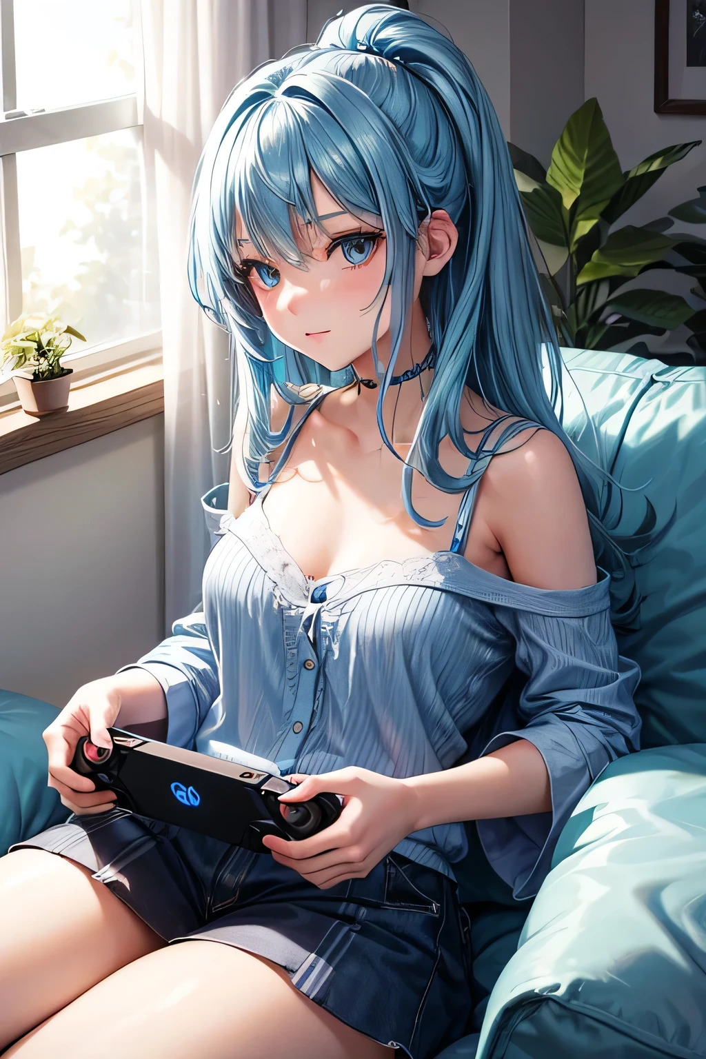 1girl, bluenette hair, light blue hair, next door girl, laying on couch, soft smile, playing console, holding controller, gaming, 
