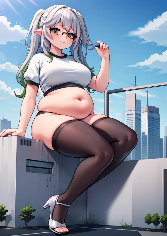 (masterpiece, best quality, highly detailed), 1girls, big belly, huge belly, art by kipteitei, round belly, chubby, curvy, belly grab, enormous belly, fat belly, thicc, bigger belly, really big belly, jiggly belly, glasses, gym clothes, thighhighs, smug face, sitting, high heels, ((full body)), ((dominant)), (giantess)