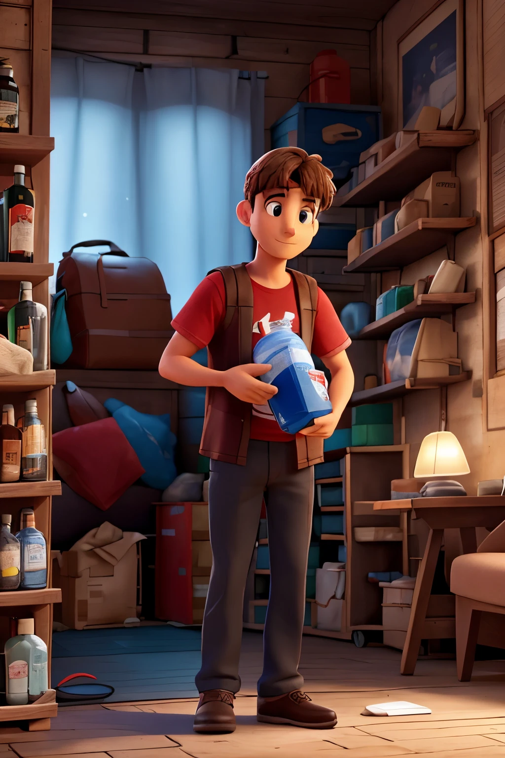 au premier plan, a realistic scene unfolds: A man holds a box of bottled water in his hand, porter un t-shirt rouge. Il se tient calmement au milieu de la rue, framed by the soft glow of the surrounding lamps. Background, un camion de livraison, loaded with similar boxes of bottles'eau, appears in view. Une scène filmique se déroule en résolution 8k, Alors que les phares du camion percent la nuit, illuminating the'homme et projetant une ambiance chaleureuse, orange tint on the stage. Le bruit du moteur du camion gronde dans l'air, s'intertwining with the gentle patter of raindrops