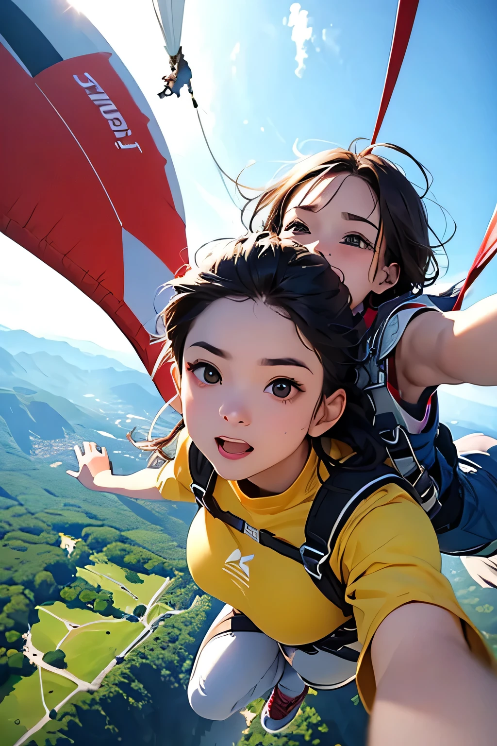 highest quality、High resolution、Detailed Background、Beautiful face in every detail、Anatomically correct、(Draw a normal number of fingers:1.2)、(Detailed facial expressions:1.2)、age beauty、Huge breasts、Perfect body line、Cute color hair color、Braided long hair、Braided Ponytail、Braided Hairstyles、Wavy Hairstyle、well-groomed eyebrows、Super height、(Ultra-Wide Angle:1.5)、

(Two beautiful girls excited enjoying thrilling activities at super height:1.5)、

I&#39;m extremely excited、Ultra high tension、Uplifting、
I'm very excited the moment an airplane door is opened and I'm thrown into the air、
The strength of the wind and the sense of altitude The feeling of free fall you experience for the first time heightens the excitement、
The free fall from jumping off an airplane until the parachute opens is thrilling and excited-boosting、
You can test your own limits and courage while feeling the feeling of falling at a high speed and changes in the surrounding scenery、
The moment the parachute opens after completely turning from free fall, the speed decreases all at once and it shifts to a quiet atmosphere、this moment is a mixture of excitement and relief、
After the parachute opens, you can enjoy the feeling of slowly flying through the air、
The feeling of floating in the wind and taking a walk in the air while admiring the beautiful scenery also heightens the excitement、
The last step in skydiving is the moment you land safely on the ground、
You can enjoy the excitement by using a parachute to glide and timing your landing、
The skydiving experience will give you the excitement and excitement you'll never forget、

Let's jump together and make memories in the air with two or more partner jumps, such as couples or parents、
The pets we skydive with are cute too、
If you prepare the right equipment such as a small dog or cat and jump together, the pet's facial expressions and reactions are fun、
A group that skydives with friends and friends coexists with cuteness and fun、
The sight of everyone jumping into the air together is so colorful and cute、
You can also choose cute characters and colorful patterns to design your parachute、You can enjoy loveliness and excitement at the same time as the sight of big cute characters and patterns spreading in the air、
Skydiving is a thrilling and adventurous activity, but don't forget to incorporate smiles and cuteness、

Pair a sporty top with colorful shorts、
Choose bright colors or patterns for tops、
A freestyle jumpsuit is the perfect item for skydiving、
You can show off your cuteness by choosing a design with a colorful pattern or embroidery、
Pair an oversized t-shirt with colorful leggings、
Choose T-shirts with cute characters or logos printed on them、
Choose sporty sneakers that are comfortable to wear、
It's stylish and cute when you incorporate accessories such as caps and sunglasses、
Don't forget to choose the right equipment to ensure ease of movement and safety