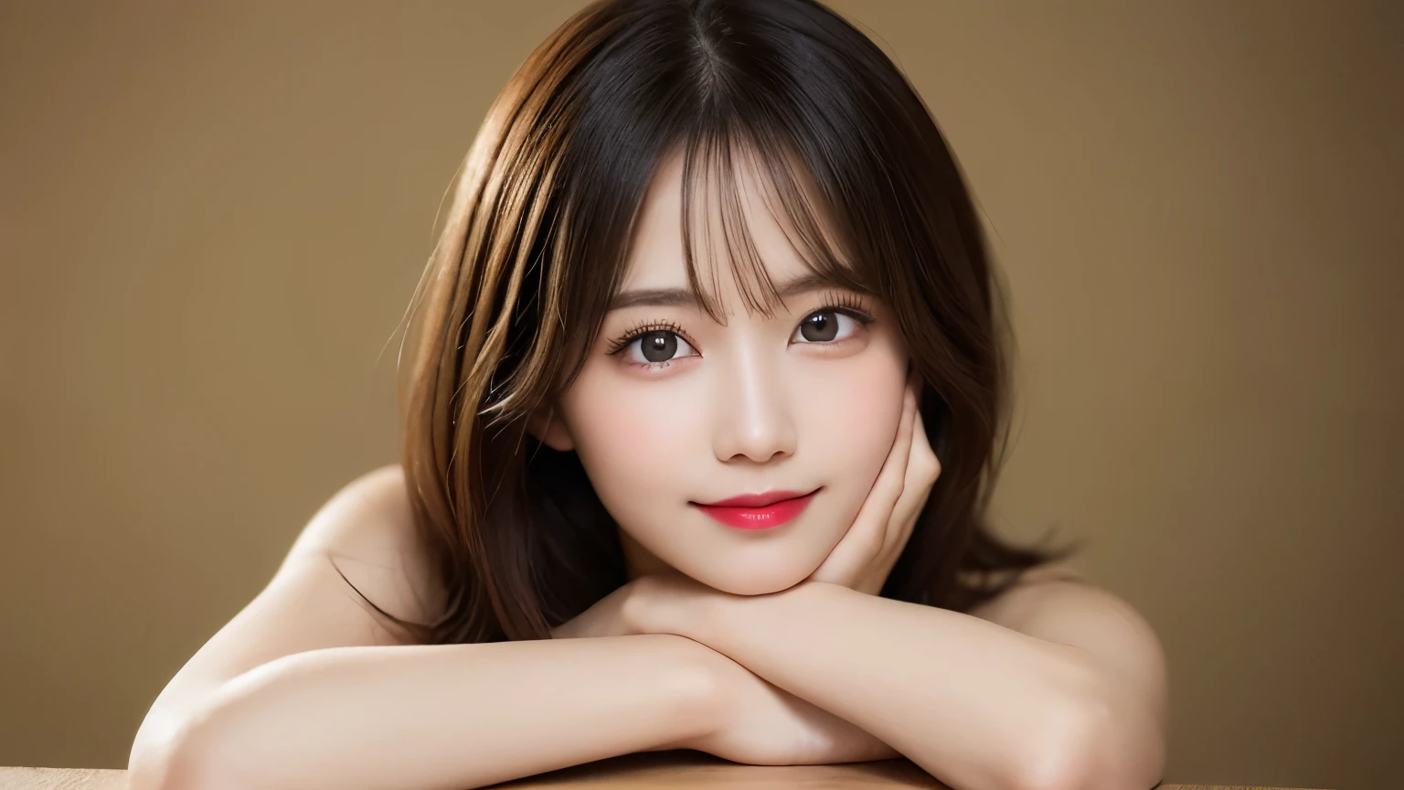 on the table, best quality, shape, Ultra Detailed, Finely, high resolution, 8k wallpaper, 完璧なダイナミックな構shape, Beautiful and delicate eyes, Medium Length Hair, Small Breasts, Natural lipstick, Casual sexy pose,Smile,20 year old girl、midnight、Beautiful and detailed face、Perfect beautiful face,big eyes、original photo、Use the whole body to express the feminine posture、Beautiful and delicate eyes、Small face、Beautiful duplex、Facelift and style,skirt、Beautiful golden ratio face,Long hair