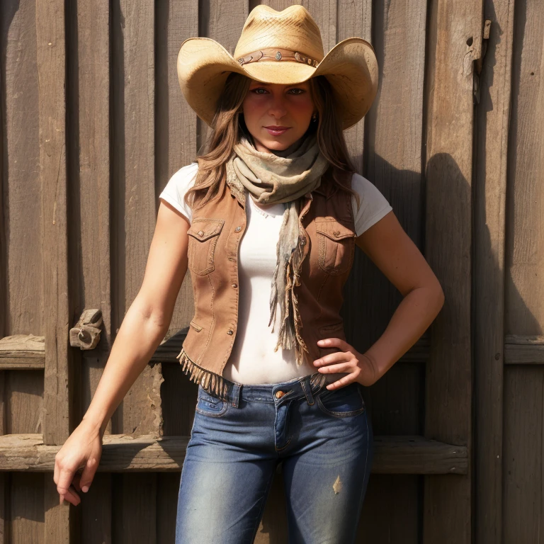 Portrait of beautiful women on a dirty farm:1.2 , cowboy hat, fringed vest , Jeans, scarf , confidence , medium breast, elastic legs