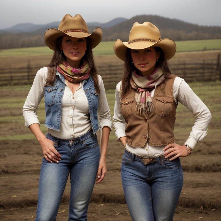 Portrait of beautiful women on a dirty farm:1.2 , cowboy hat, fringed vest , Jeans, scarf , confidence , medium breast, elastic legs