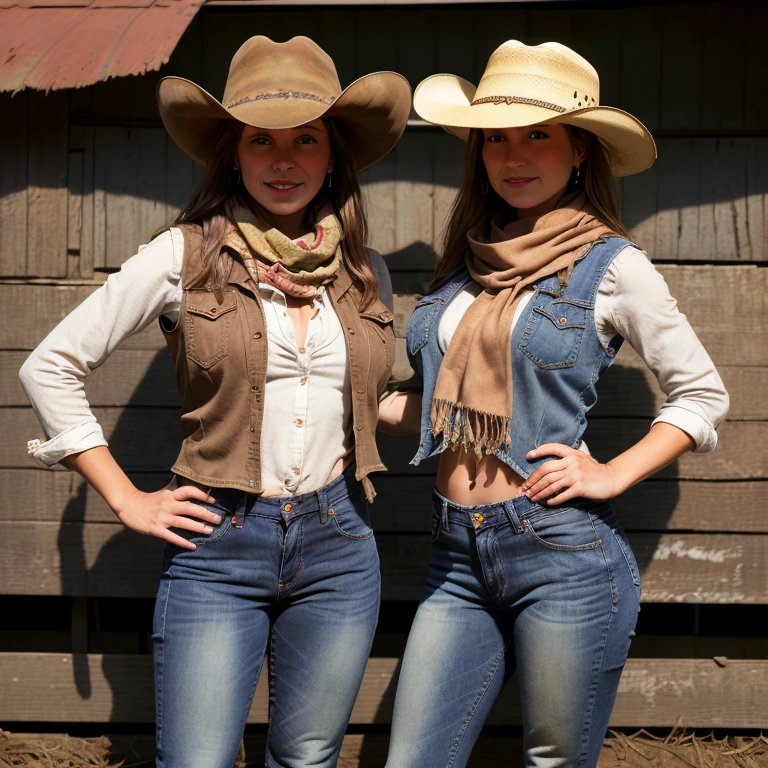 Portrait of beautiful women on a dirty farm:1.2 , cowboy hat, fringed vest , Jeans, scarf , confidence , medium breast, elastic legs