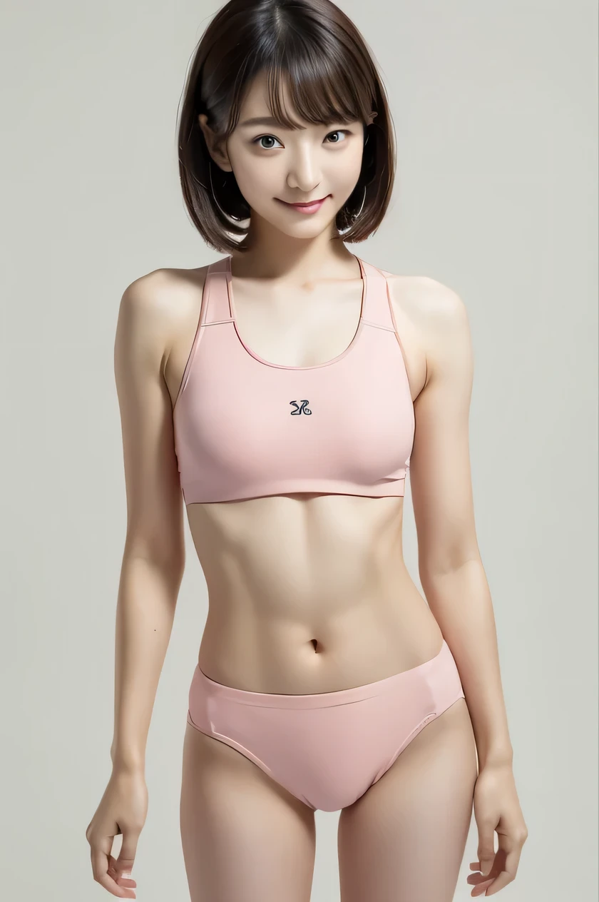 The beauty of 8K raw photos:2.0, Japanese woman, short hair, great face and dark eyes, looking down, looking at the viewer:1.5, big smile, wet hair, spread the legs wide, tiny top, (pink sports wear:1.2), shinny skin, realistic:1.9, very detailed, cowboy shot from bottom:1.2, High resolution RAW color photos, professional photos, Taken at the studio, plain wallpaper, girl sexy portrait