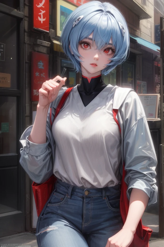 1 GIRL, reiayanami, rei ayanami, blue hair, short hair, (red eyes:1.5), ultra realistic, REALISTIC, Ultra detailed, More detailed, Japan city scenaries. Random scenaries japan, Casual Outfit, BREAK outdoors, city, BREAK looking at viewer, BREAK (masterpiece:1.2), best quality, high resolution, unity 8k wallpaper, Light particles passing through the photo, (illustration:0.8), (beautiful detailed eyes:1.6), extremely detailed face, perfect lighting, extremely detailed CG, (perfect hands, perfect anatomy),