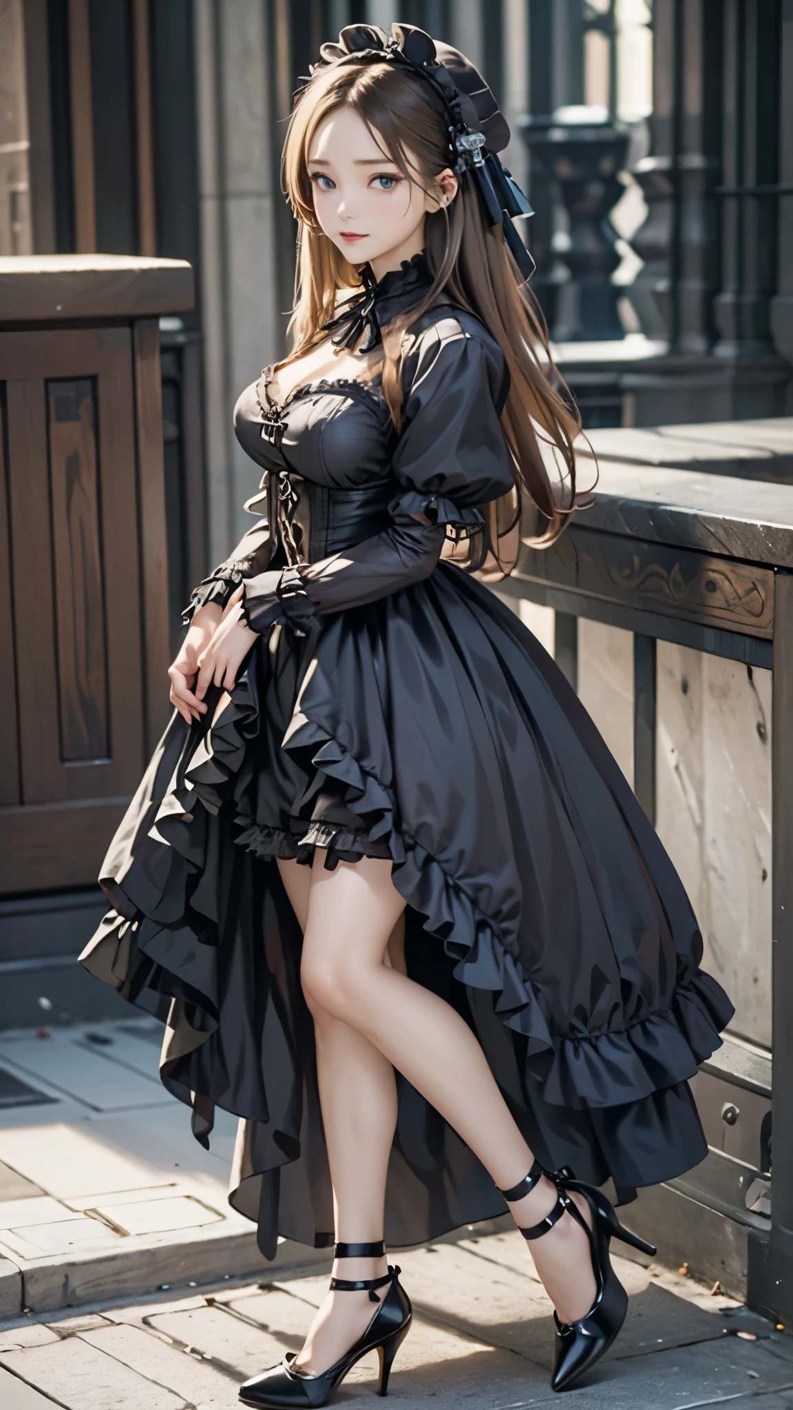 ((Biologically correct number of limbs))、(( Illustrations including faces))、4K、Masterpiece、((focus on the face))、((Symmetrical facial features))、Eyes with detailed description、Beautiful woman、Outstanding style、Slender Body、((Gothic Lolita、Gothic Lolita)、dress、High heels)、church、Upper body close-up