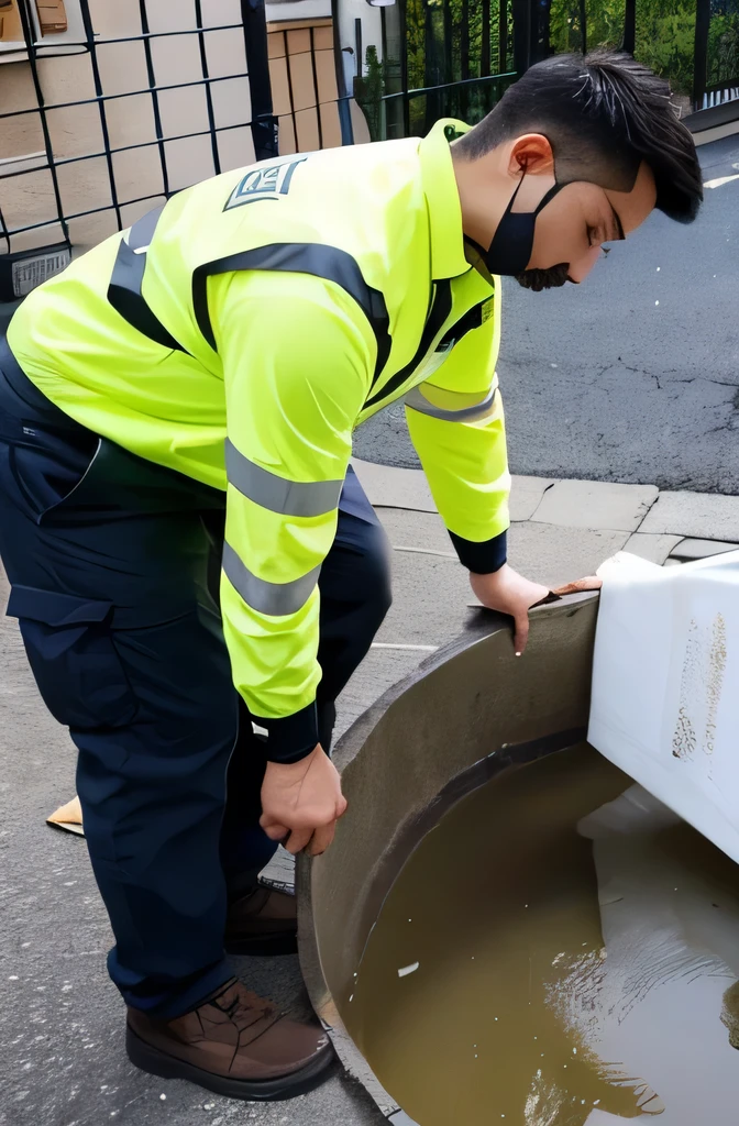 A man is clearing the sewer pipe,Draw the whole person