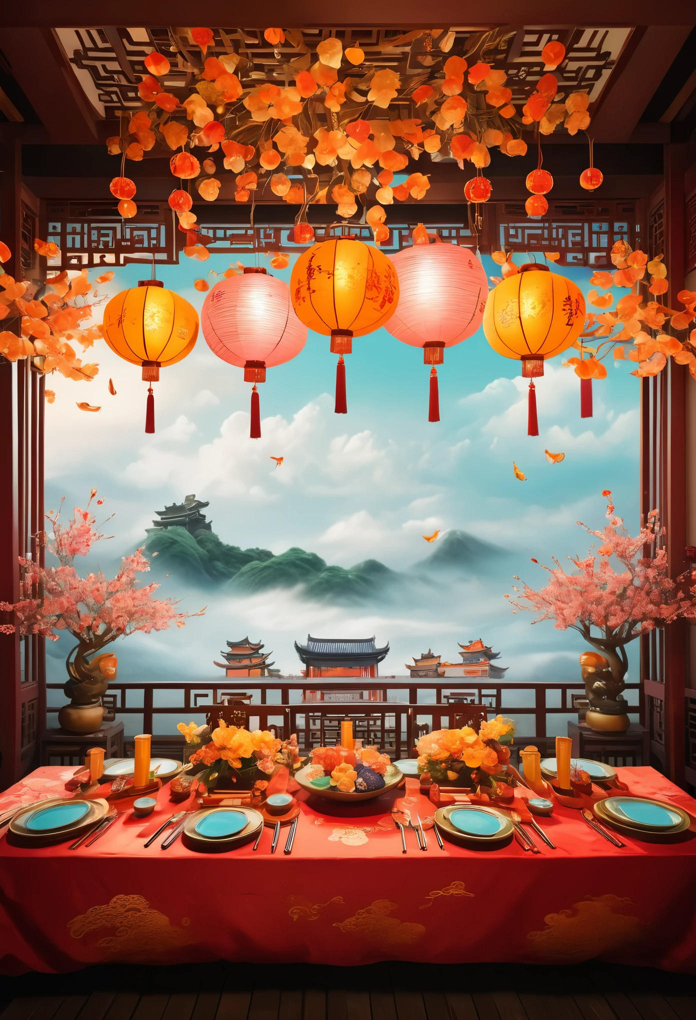 The background is centered around the elements of Dreaming Back to the Tang Dynasty，(You can refer to the wedding dinner scene picture)，Need to have Tang Dynasty elements，Like colorful clouds，Lanterns and other elements