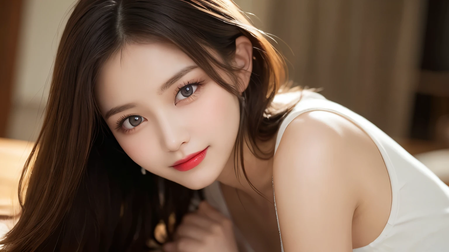 On the table, best quality, shape, Ultra Detailed, Finely, high resolution, 8k wallpaper, 完璧なダイナミックな構shape, Beautiful and delicate eyes, Medium Length Hair, Small Breasts, Natural lipstick, Casual sexy pose,Smile,20 year old girl、midnight、Beautiful and detailed face、Perfect beautiful face,big eyes、original photo、Expressing female posture using the whole body、Beautiful and delicate eyes、Small face、Beautiful duplex、Facelift and style,skirt、Beautiful golden ratio face,Long hair