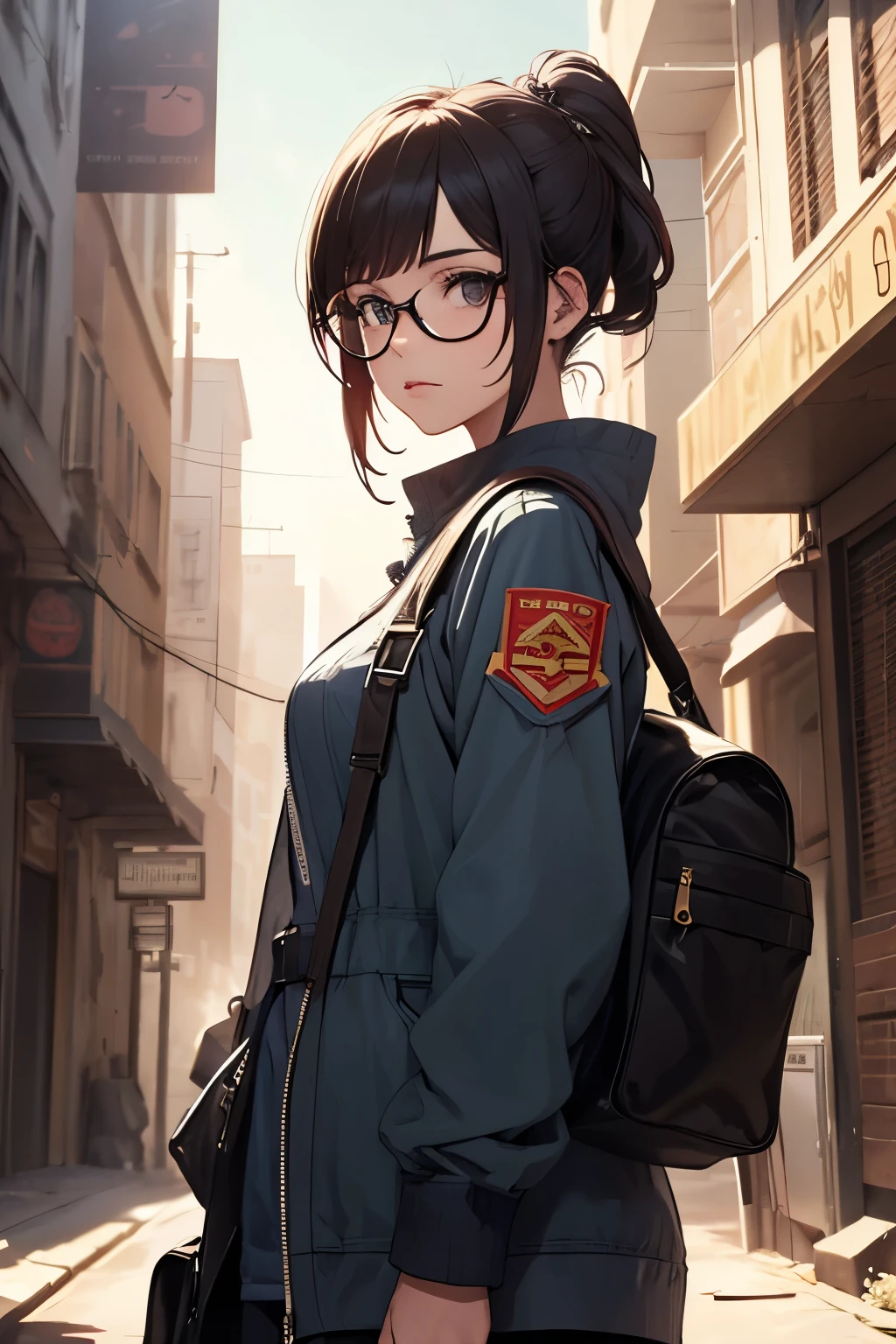 a pretty girl messenger, wearing large glasses, undercut hair, wearing postal uniform, in a post-apocalyptic world