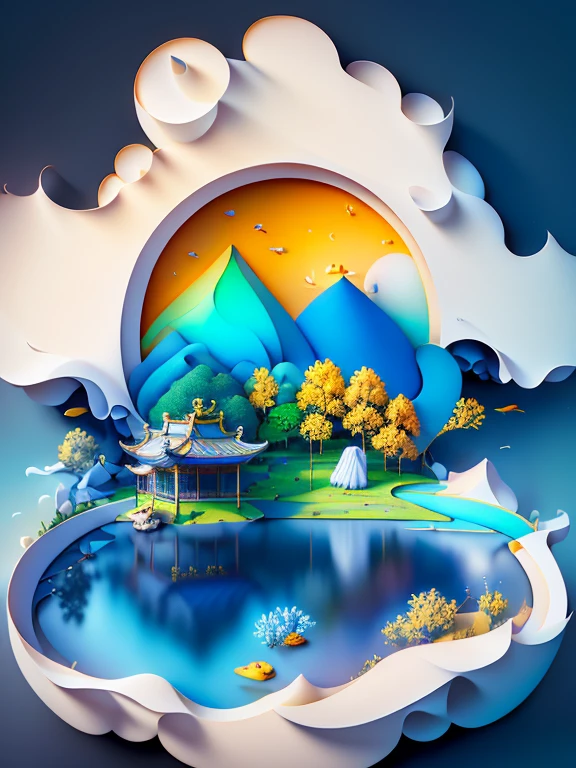 Pintura de paisaje tradicional china., Thesis creation, 3D stereo rendering, Degradado de color del blanco al azul claro., 4K resolution, Simple naturaleza composition, :Fondo blanco, Estilo fresco y refinado. (:naturaleza:)