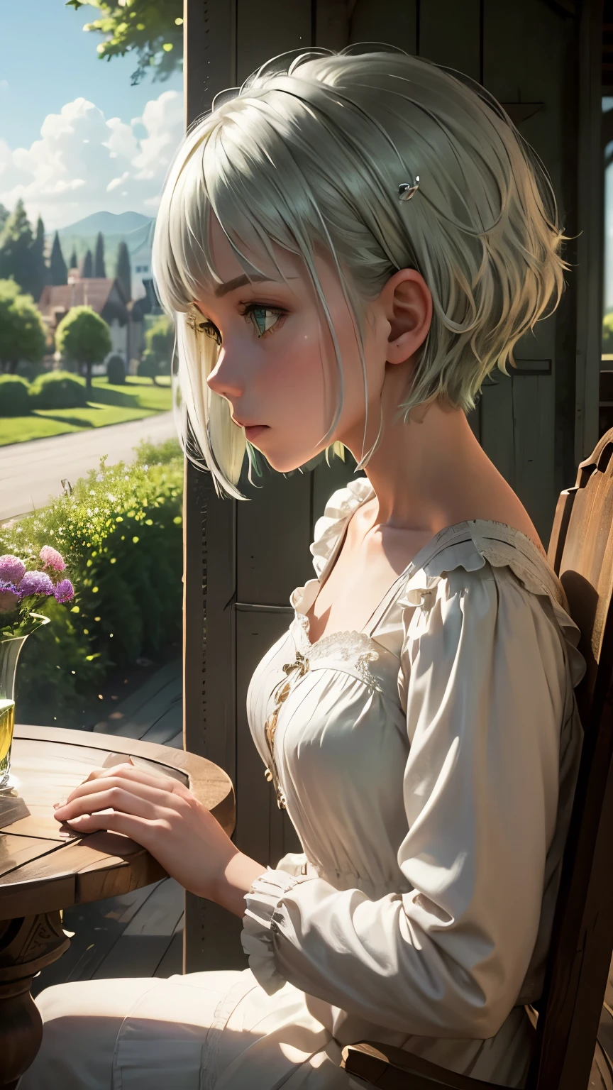 masterpiece, highest quality,Very detailed,Hyper Details, cinematic Light,, One girl, alone, sit, Outdoor, Summer House, sitting in the Summer House,  plant, table, chandelier, Candles, Wind, Green Eyes, Pan Green Silver Hair, short hair, Floating Hair, Light, Light frown, profile,View your viewers, dynamic_angle