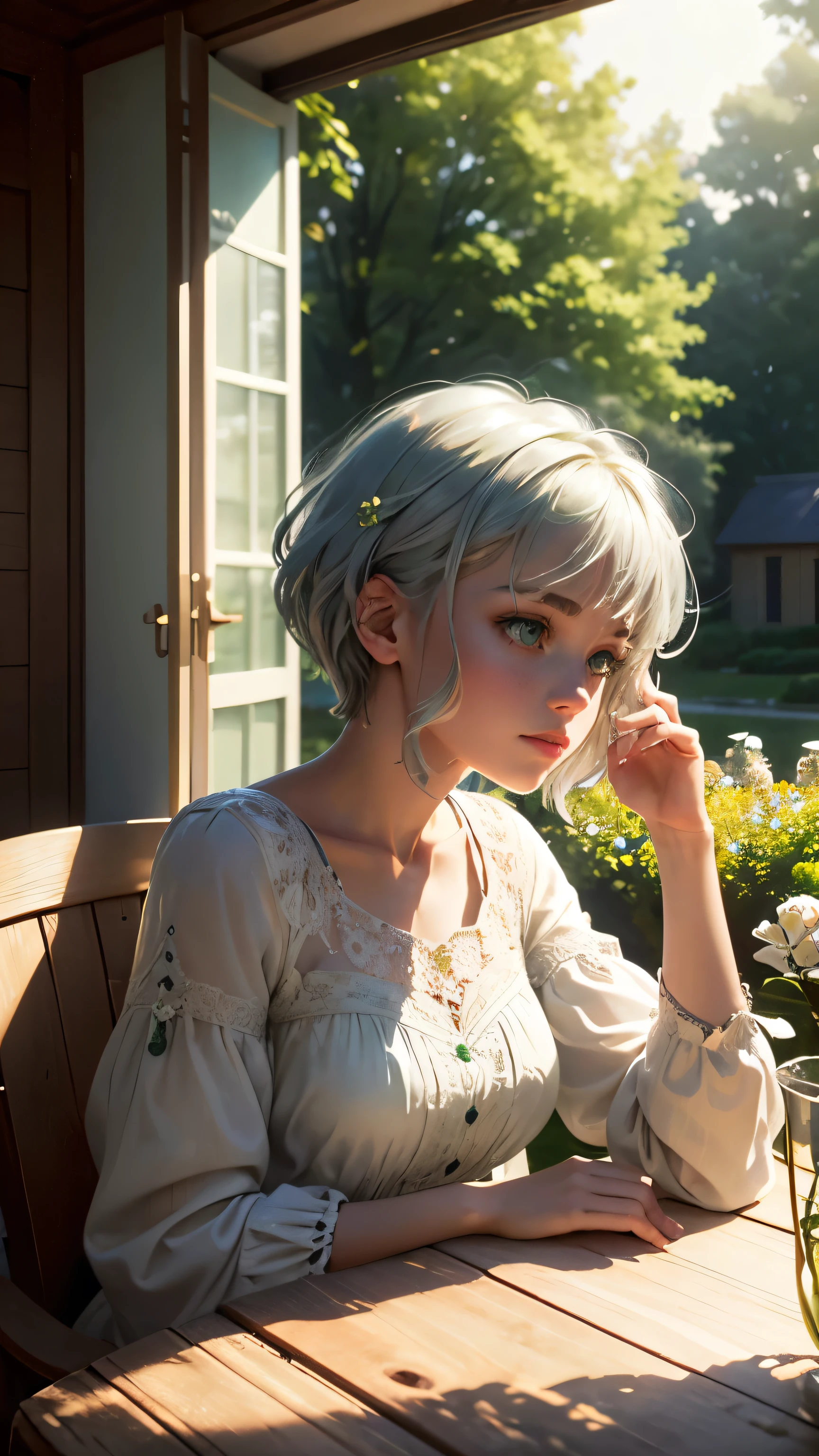masterpiece, highest quality,Very detailed,Hyper Details, cinematic Light,, One girl, alone, sit, Outdoor, Summer House, sitting in the Summer House, plant, table, chandelier, Candles, Wind, Green Eyes, Pan Green Silver Hair, short hair, Floating Hair, Light, Light frown, profile,View your viewers, dynamic_angle