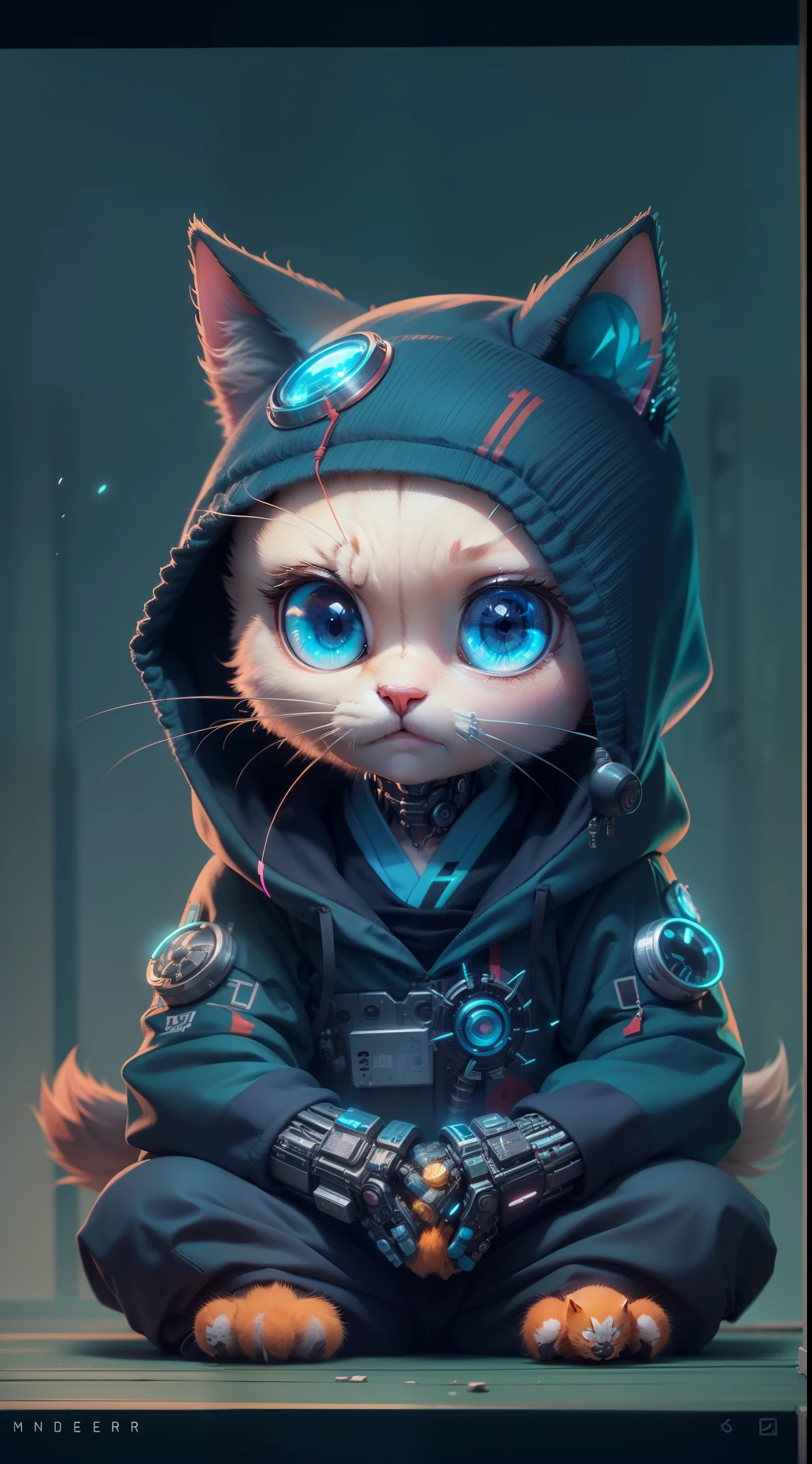Create a vibrant dark fantasy cute ninja cat in a minimalist cartoon style., Octane render, 8K. hand holding a cherry. (Super Sonic cyberpunk), (blue), (Cute cartoon, CuteCartoonAF. | Masterpiece in maximum resolution 16K. | (cute cartoon style). | front view (loner, charming) , (meditating in a spacious Japanese pavilion), ( wear a fashionable hoodie), ((mechanical cyberpunk)). |(((soft smile, looking at the viewer))), (bright blue eyes).