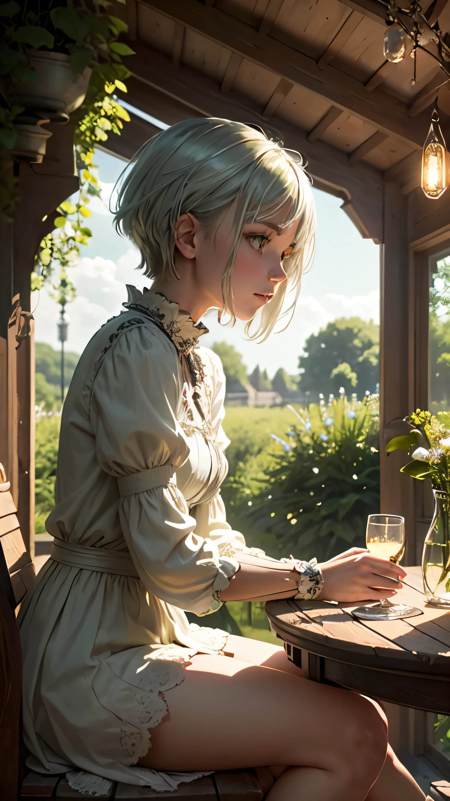 masterpiece, highest quality,Very detailed,Hyper Details, cinematic Light,, One girl, alone, sit, Outdoor, Summer House, sitting in the Summer House, plant, table, chandelier, Candles, Wind, Green Eyes, Pan Green Silver Hair, short hair, Floating Hair, Light, Light frown, profile,View your viewers, dynamic_angle