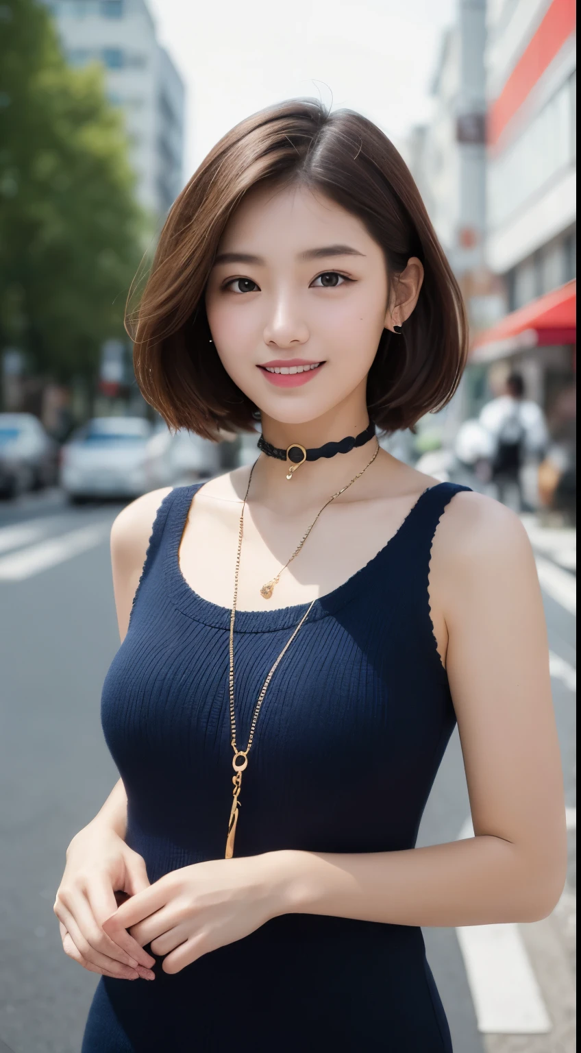 Tabletop, highest quality, figure, Very detailed, In detail, High resolution, 8k wallpaper, Perfect dynamic composition, Beautiful fine details, dress,Medium Hair, Center of chest, Natural color lip, Random sexy poses,smile,Aoyama Street Walk、20-year-old girl、Shoulderless knit(Shui Color)、Slid、Choker with chain、I keep my hair tied