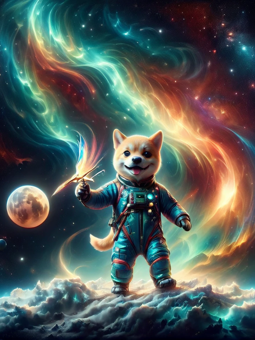 3D photograph of a charming Shiba Inu donned in a spacesuit, grasping a flag in its paw, standing assertive atop the moon's cratered surface. The enchanting planetary perspective showcases Earth in the distant cosmic backdrop, illuminated vibrantly. The image, taken with a high-resolution satellite camera, captures the whimsical juxtaposition of an adorable domestic dog amidst the awe-inspiring vastness of space, encapsulating the essence of playful space exploration in haute definition.