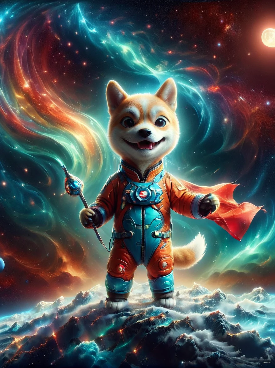 3D photograph of a charming Shiba Inu donned in a spacesuit, grasping a flag in its paw, standing assertive atop the moon's cratered surface. The enchanting planetary perspective showcases Earth in the distant cosmic backdrop, illuminated vibrantly. The image, taken with a high-resolution satellite camera, captures the whimsical juxtaposition of an adorable domestic dog amidst the awe-inspiring vastness of space, encapsulating the essence of playful space exploration in haute definition.