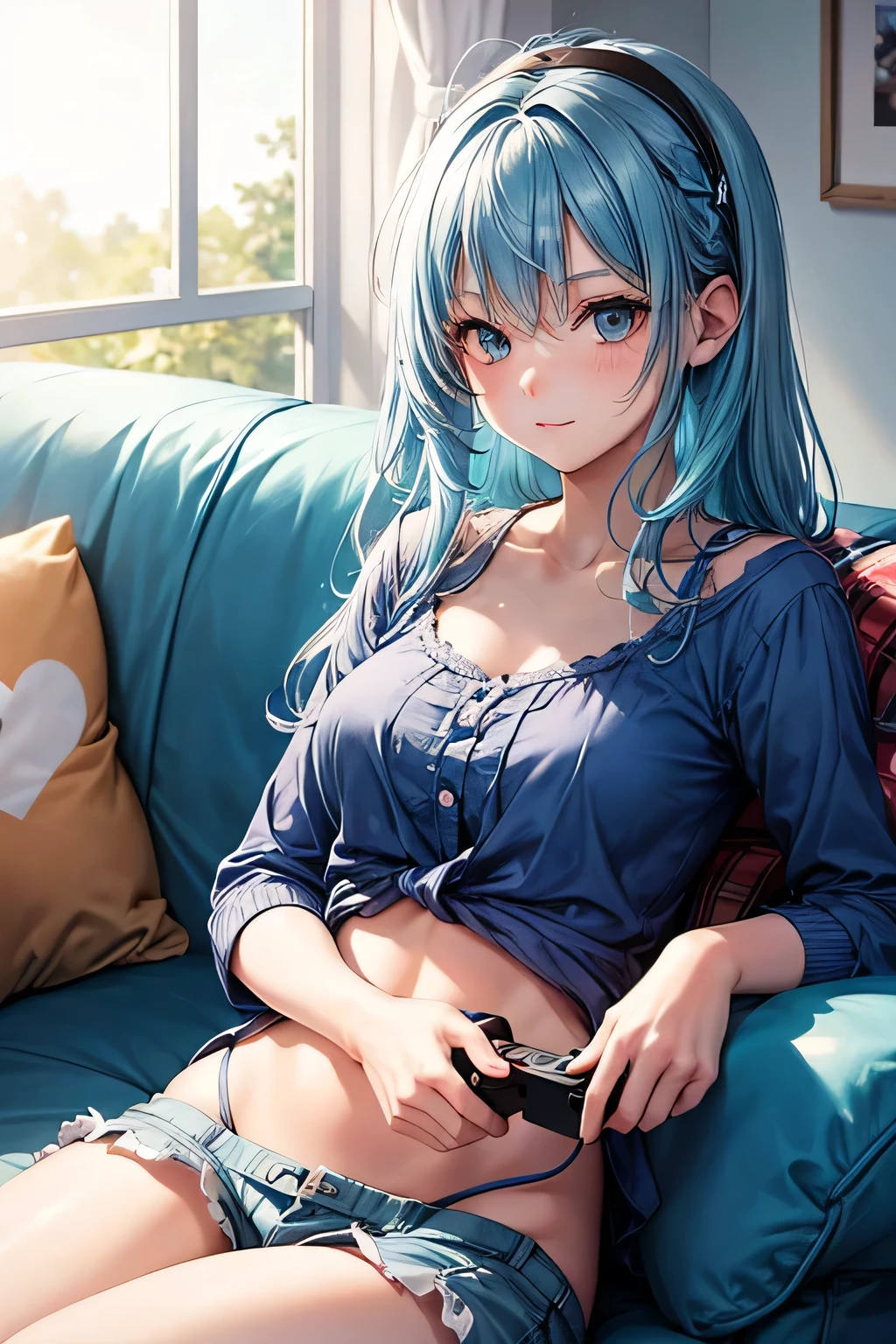 1girl, bluenette hair, light blue hair, next door girl, laying on couch, soft smile, playing console, holding controller, gaming, 