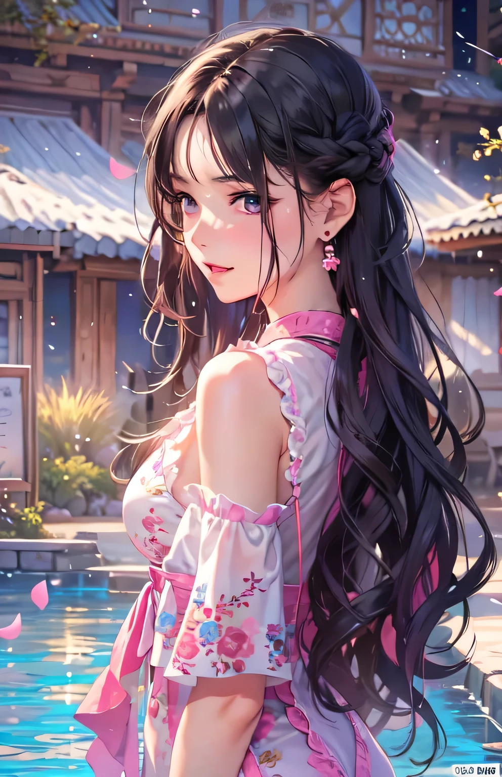 masterpiece、highest quality、High resolution、High-quality images、8k, 1 female、Skin Radiance、Texture of skin and clothing、Expression of fine eyes、Shiny black hair,Girl with long braided hair, Manga inspired by Lee Jong-suk, Trending on deviantart, realism, detailed manga style, Manga art style, Perfect Line Drawing, Beautiful line art, digital manga art girl, K-POPアイドル, dress, Beautiful pink eyes, Fuller lips, Gorgeous face with attention to detail, (Cute Smile), charm, Innocent, Side view, (Perfectly detailed face), (Beautiful Hands) Photorealistic images, Written boundary depth, Princess Hairstyles, Warm sunshine,Swimwear, cloud,empty,sunset ,Pool,The skin is delicate,