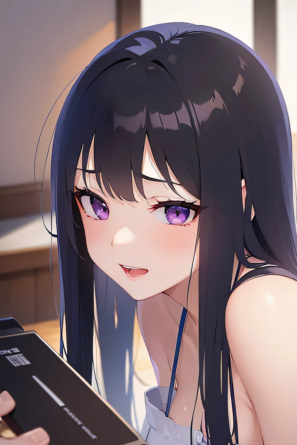 Side angle,(avert your eyes:1.5),Realistic,(Pale skin: 1.2), RAW Photos,Realistic,Portrait Photography,Shiny skin,Japanese Idols,Shiny Hair,(A 25-year-old woman with medium-length straight hair and bangs) and (Black Hair) and (Purple eyes),smile,Background is an office room,by 2 person,All naked,naked,Dick,penis,semen,Creampie,Pussy,Male organ,Sex,Sweat,Sweaty,Female organ,Lower Body,Pussy,Ahegao