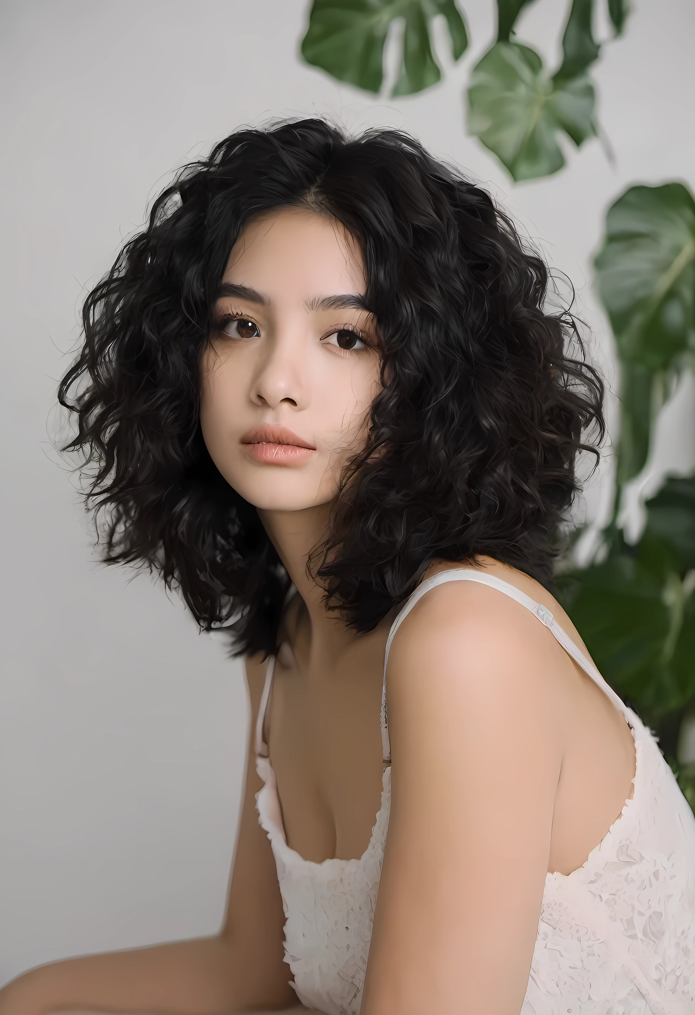 1 menina),18 anos, aparencia jovem, pele negra, shoulder length black curly hair, labios bonitos e cheios com um tom natural de rosa lindos e detalhados, olhos claros muito bonitos e detalhados, com um cropped bege colado no corpo e mamgas curtas, uma saia preta curta de pregas estilo colegial, pernas bonitas e grossas, cintura fina, (a hand in the hair), numa pose ousada mas fofa, no jardim bonito com muitas plantas, que eu possa ver o corpo inteiro, boa aparencia, and natural lighting, modo 3d, que parece desenho animado