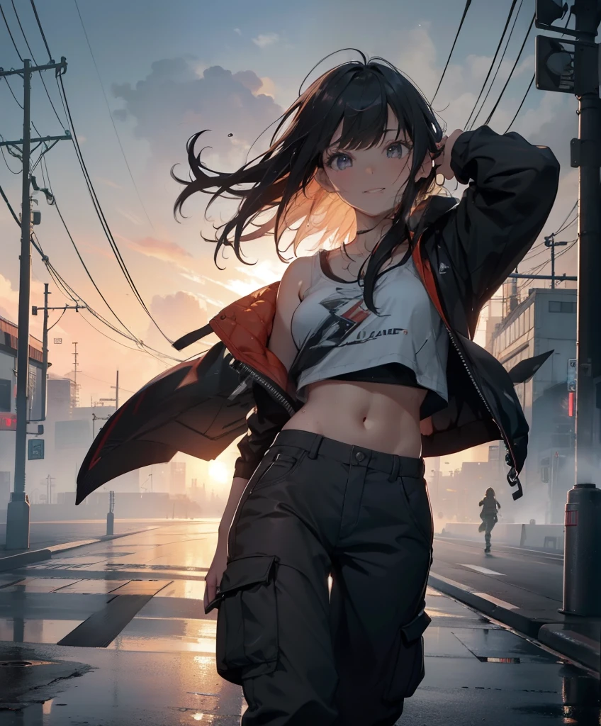 dance、Artistic jumps、break dance、Strenuous movements、Collapsed night street、Cyberpunk style、Blade Runner atmosphere、Steam is coming out of the exhaust port on the road surface、The road surface is wet、solo、Fluttering hair、cute little、Beautuful Women、a small face、de pele branca、abdominals、17 age、Bright smile、Half mouth open、White teeth are visible、(Gradient color of black red hair、disheveled long hair)、(Cargo pants、Tank Tops、white sneaker)、(delicate detailed fingers、Detailed body、detailed arms、Human Hands)、(Detailed face) 、(in 8K、top-quality: 1.4、​masterpiece、 The ultra -The high-definition、 Top resolution,、ighly detailed、 profetional lighting、 Gray Light Lighting、Low angle from below、Blowing steam into the landscape、Fog in the landscape、Foggy、