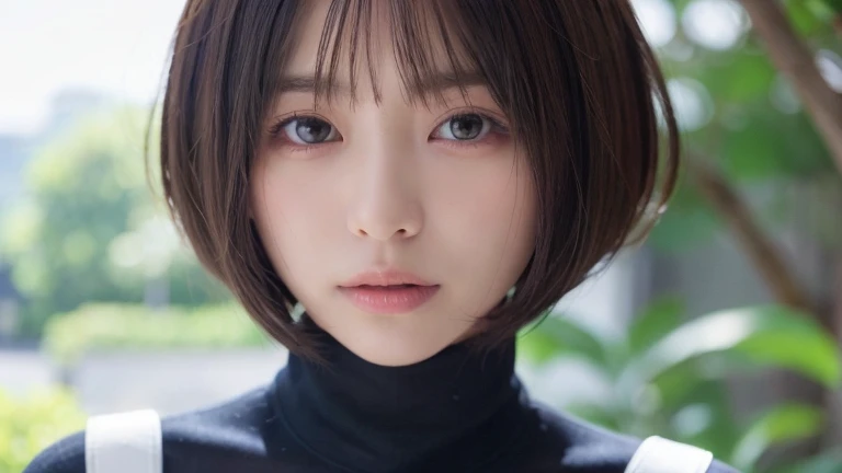 (Bob Cut Hair:1.2),(Wear a turtleneck:1.2),1 girl,Japanese,21 years old,(Small breasts:1.3),(highest quality,masterpiece:1.3,超A high resolution,),(Ultra-detailed,Caustics),(Photorealistic:1.4,RAW shooting,)Ultra-Realistic Capture,Very detailed,High resolution 16K human skin close-up。 Natural skin texture、,Pores、、It needs to be detailed enough to be easily identifiable。 Skin should be even-toned and healthy looking。 Use natural light and colour, Sad expression, Looking at the camera, Perfect dynamic composition, Outdoor
