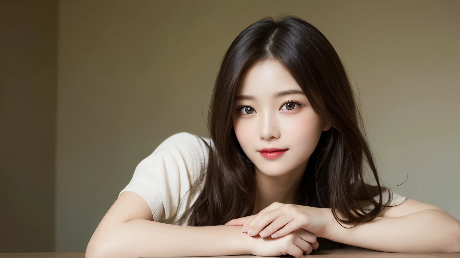 On the table, best quality, shape, Ultra Detailed, Finely, high resolution, 8k wallpaper, 完璧なダイナミックな構shape, Beautiful and delicate eyes, Medium Length Hair, Small Breasts, Natural lipstick, Casual sexy pose,Smile,20 year old girl、midnight、Beautiful and detailed face、Perfect beautiful face,big eyes、original photo、Expressing female posture using the whole body、Beautiful and delicate eyes、Small face、Beautiful duplex、Facelift and style,skirt、Beautiful golden ratio face,Long hair