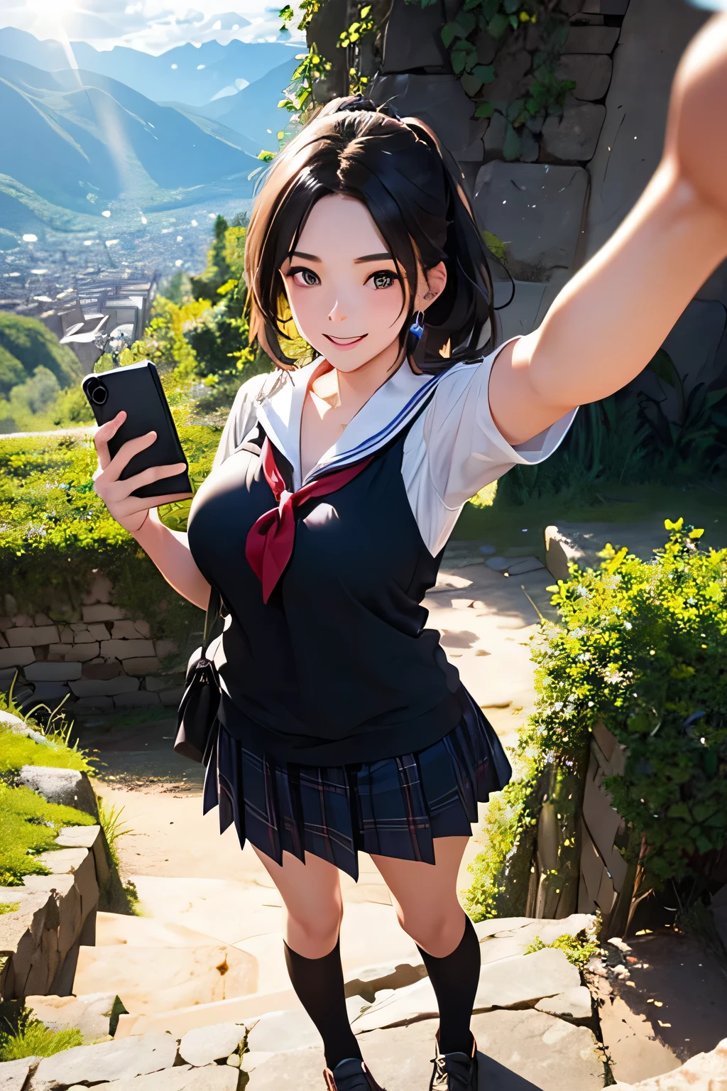 highest quality、High resolution、Detailed Background、(Beautiful face in every detail:1.4)、Anatomically correct、(Draw the usual number of fingers:1.2)、(Detailed facial expressions)、(Detailed eyes:1.2)、(Detailed eyes:1.2)、Beautiful, smooth skin、age beauty、(Huge breasts:1.3)、(Highly detailed face:1.4)、Brown Hair、Black Hair、ponytail、Bobcut、Braided long hair、Wavy Hairstyle、well-groomed eyebrows、Perfect body line、Sailor suit、light blue sailor color、Pleated skirt with tartan plaid pattern、Brightly colored school cardigans、White knee-high socks、In a joking manner、Machu Picchu Ruinysterious atmosphere、(Wide-Angle)、
(Beautiful girls standing side by side taking a selfie with big smiles:1.5)、
Lush Mountains々It is located in a beautiful location surrounded by、When the sun rises, the entire ruins shine in gold.、Clouds Mountain々The river flows through the area and envelops the ruins.、Ancient Inca stone structures come into view、
The stone steps and terraces are carefully arranged, and the higher you climb the more spectacular the views of the ruins become.、
From the top of Machu Picchu you can see a deep valley, a flowing river and a mountain range in the distance.々You can see the whole view、The lush terraces of the ruins and the sacred Inca symbols carved into the rocks blend seamlessly into nature.、At sunset, the sunlight shines on the mountain.々We will dye it.、
The orange and red lights reflect off the ruins, adding to the mysterious atmosphere.、
At night, the stars light up the ruins and the sky is filled with constellations.、
The wisdom of ancient civilizations and the mysteries of nature、Amazing beauty、people visiting々It is a place that inspires emotion and respect.、cute