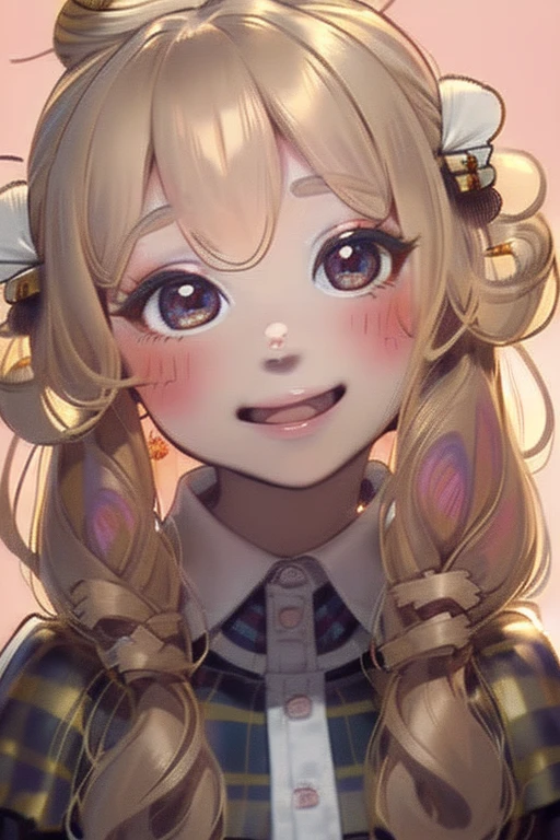 girl,cute,(blonde:1.2),(long hair with curls,:1.2),(With bangs),(Eye size:1.5),(Plaid Dresses:1.3(Beehive-shaped hair ornament:1.3),(smile:1.15),(Face close-up:1.2),(blush:1.2),