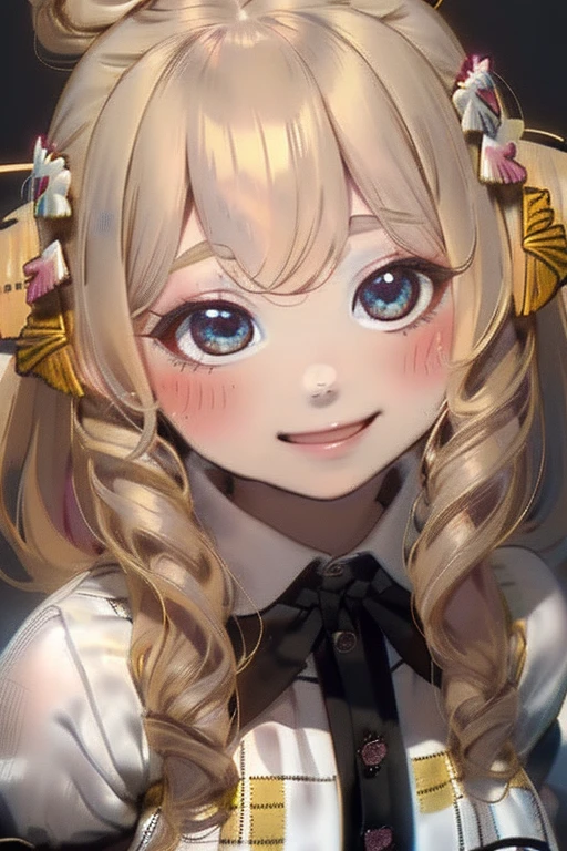 girl,cute,(blonde:1.2),(long hair with curls,:1.2),(With bangs),(Eye size:1.5),(Plaid Dresses:1.3(Beehive-shaped hair ornament:1.3),(smile:1.15),(Face close-up:1.2),(blush:1.2),