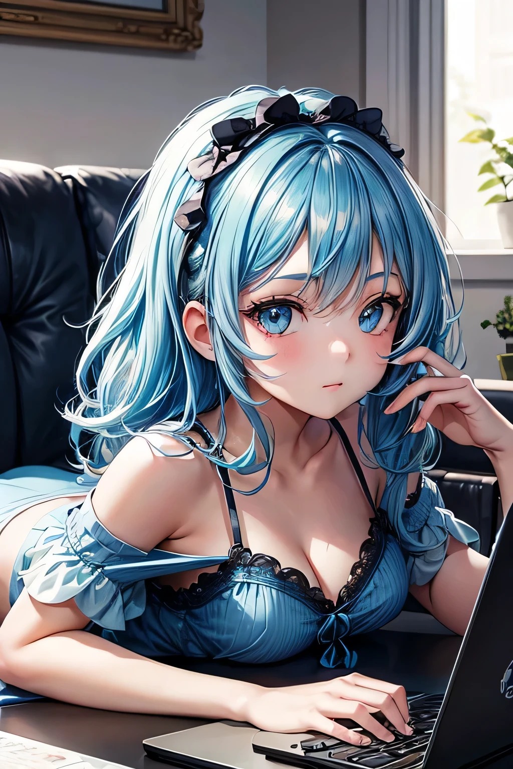 1girl, bluenette hair, light blue hair, next door girl, laying on couch, soft smile, playing computer , gaming,