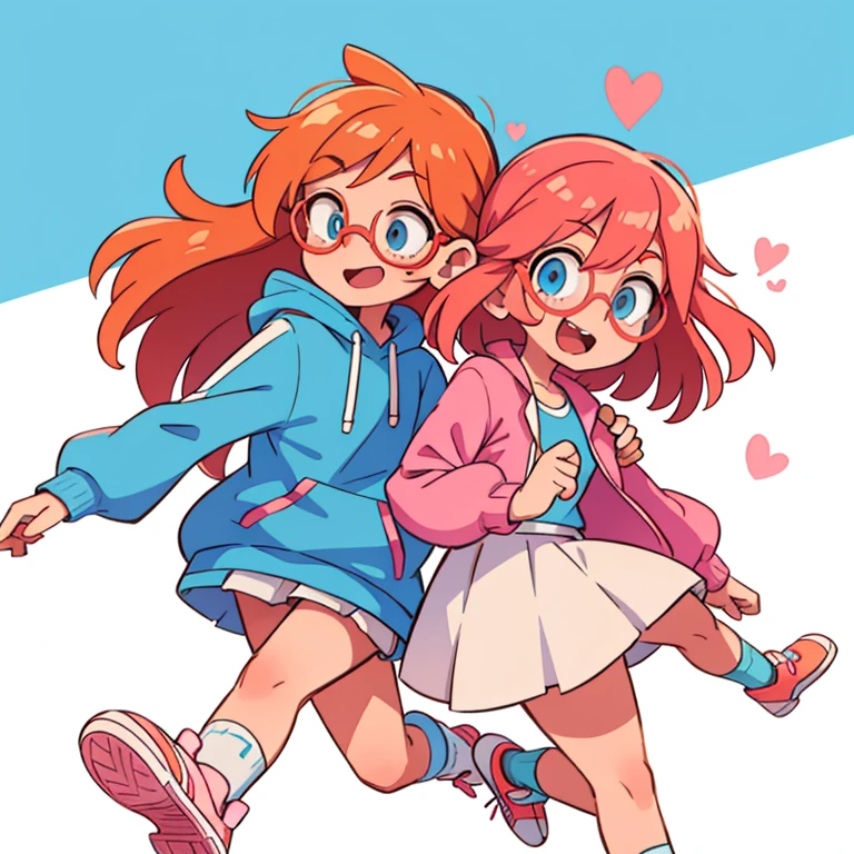 Best quality, light blue jacket with long sleeves, light orange hair, pink glasses in a heart, pink checkered skirt, freckles, Blue eyes, White socks, White running shoes, White background, Joy on the face.