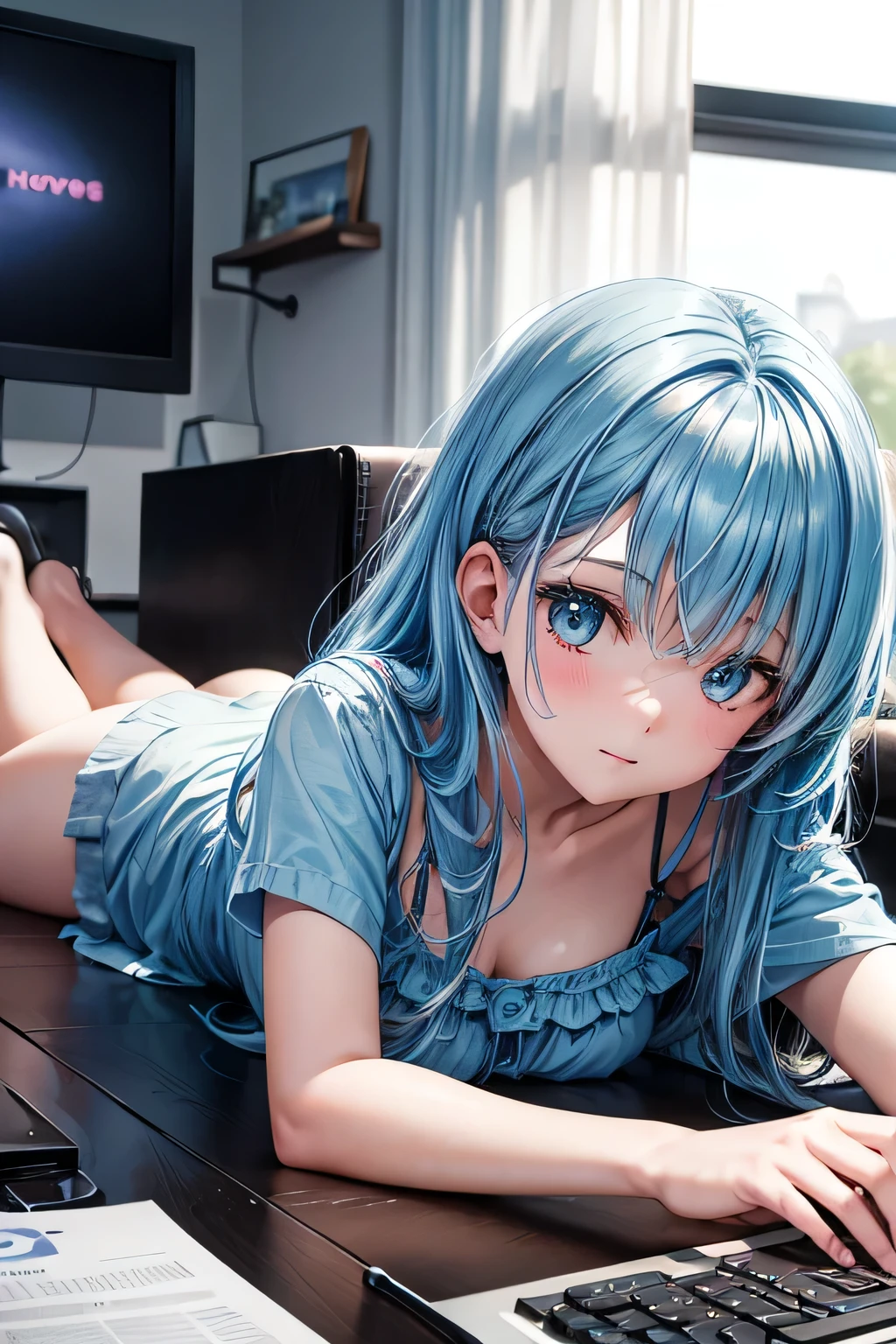 1girl, bluenette hair, light blue hair, next door girl, laying on couch, soft smile, playing computer , gaming, 