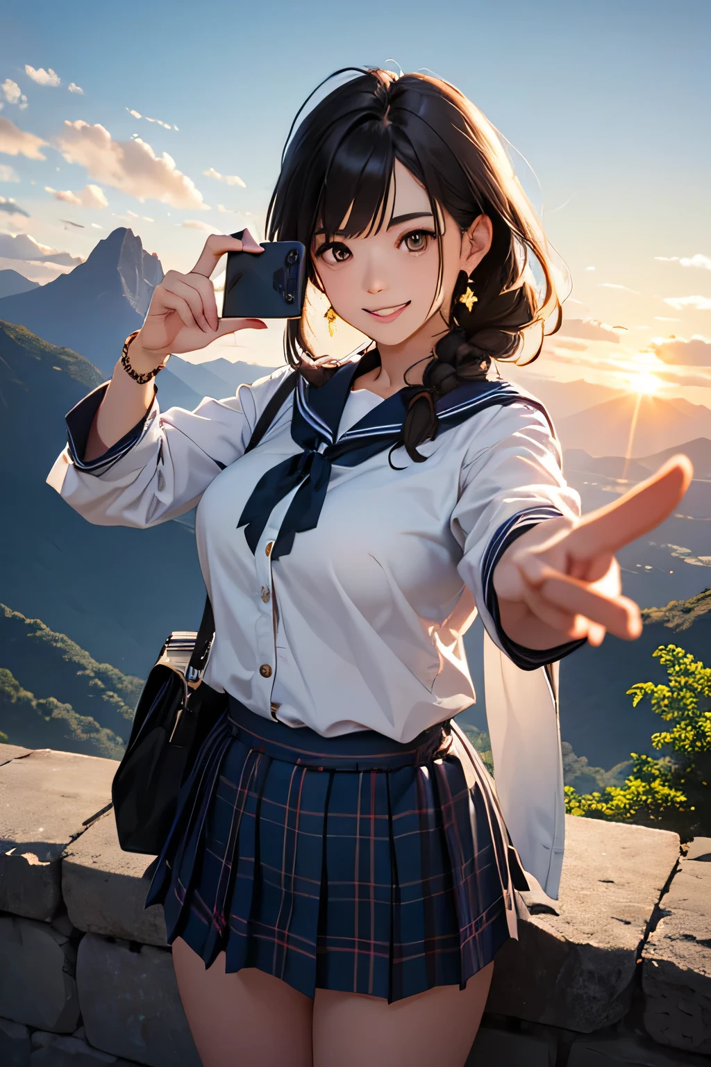 highest quality、High resolution、Detailed Background、(Beautiful face in every detail:1.4)、Anatomically correct、(Draw the usual number of fingers:1.2)、(Detailed facial expressions)、(Detailed eyes:1.2)、(Detailed eyes:1.2)、Beautiful, smooth skin、Teenage beauty、(Huge breasts:1.3)、(Highly detailed face:1.4)、Brown Hair、Black Hair、ponytail、Bobcut、Braided long hair、Wavy Hairstyle、well-groomed eyebrows、Perfect body line、Sailor suit、light blue sailor color、Pleated skirt with tartan plaid pattern、Brightly colored school cardigans、White knee-high socks、In a joking manner、Machu Picchu Ruinysterious atmosphere、(Wide-Angle)、
(Beautiful girls standing side by side taking a selfie with big smiles:1.5)、
Lush Mountains々It is located in a beautiful location surrounded by、When the sun rises, the entire ruins shine in gold.、Clouds Mountain々The river flows through the area and envelops the ruins.、Ancient Inca stone structures come into view、
The stone steps and terraces are carefully arranged, and the higher you climb the more spectacular the views of the ruins become.、
From the top of Machu Picchu you can see a deep valley, a flowing river and a mountain range in the distance.々You can see the whole view、The lush terraces of the ruins and the sacred Inca symbols carved into the rocks blend seamlessly into nature.、At sunset, the sunlight shines on the mountain.々We will dye it.、
The orange and red lights reflect off the ruins, adding to the mysterious atmosphere.、
At night, the stars light up the ruins and the sky is filled with constellations.、
The wisdom of ancient civilizations and the mysteries of nature、Amazing beauty、people visiting々It is a place that inspires emotion and respect.、cute