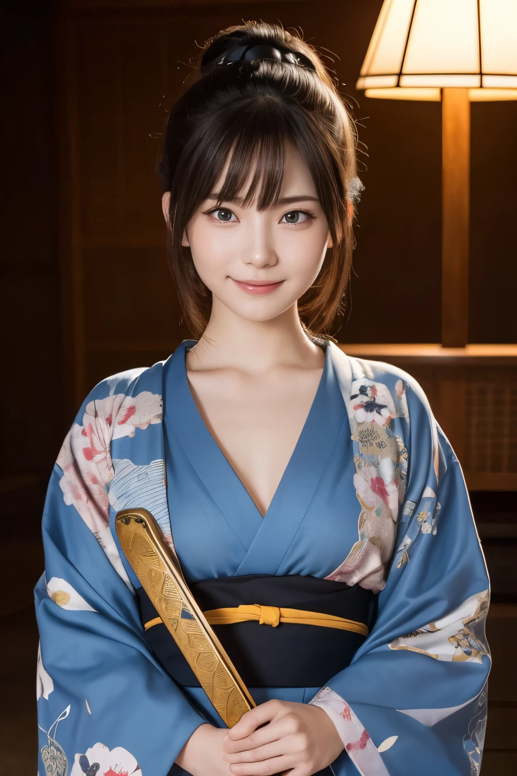 ((sfw: 1.4)),((detailed face, professional photography)), ((sfw, construction worker outfit, pulled back hair, 1 Girl)), Ultra High Resolution, (Realistic: 1.4), RAW Photo, Best Quality, (Photorealistic Stick), Focus, Soft Light, (20 years old)), ((Japanese)), (( (young face))), (surface), (depth of field), masterpiece, (realistic), woman, bangs, ((1 girl))A traditional Japanese night cityscape in the background、A scene where a beautiful Japanese girl is dressed like a ninja and poses in front of you。The beautiful girl is wearing a fluorescent blue dress with intricate lace.、The camera is facing the camera so that the entire body design can be seen.。The equipment is intricately decorated、Especially the dress and mask、And the details of the hair ornament stand out.。Her hair is black、The blue rose hair ornament looks beautiful.。There is tension in her posture as she holds her weapon.、The lighting is a soft moonlight shining into the streetscape.、The overall look exudes a realistic and calm atmosphere.。It was shot in portrait mode.、Even the details of the Japanese houses in the background are depicted realistically.。