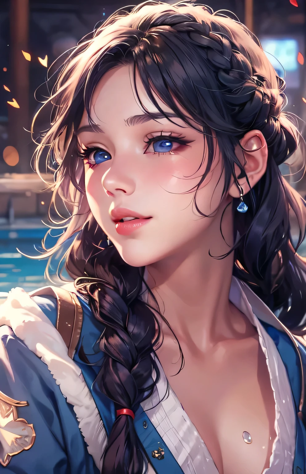 masterpiece、highest quality、High resolution、High-quality images、8k, 1 female、Skin Radiance、Texture of skin and clothing、Expression of fine eyes、Shiny black hair,Girl with long braided hair, Manga inspired by Lee Jong-suk, Trending on deviantart, realism, detailed manga style, Manga art style, Perfect Line Drawing, Beautiful line art, digital manga art girl, K-POPアイドル, dress, Beautiful dark blue eyes, Fuller lips, Gorgeous face with attention to detail, (Cute Smile), charm, Innocent, Side view, (Perfectly detailed face), (Beautiful Hands) Photorealistic images, Written boundary depth, Princess Hairstyles, Warm sunshine,bikini, cloud，empty，sunset ,Pool,The skin is delicate，
