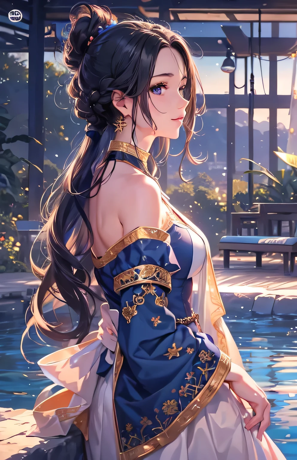 masterpiece、highest quality、High resolution、High-quality images、8k, 1 female、Skin Radiance、Texture of skin and clothing、Expression of fine eyes、Shiny black hair,Girl with long braided hair, Manga inspired by Lee Jong-suk, Trending on deviantart, realism, detailed manga style, Manga art style, Perfect Line Drawing, Beautiful line art, digital manga art girl, K-POPアイドル, dress, Beautiful dark blue eyes, Fuller lips, Gorgeous face with attention to detail, (Cute Smile), charm, Innocent, Side view, (Perfectly detailed face), (Beautiful Hands) Photorealistic images, Written boundary depth, Princess Hairstyles, Warm sunshine,bikini, cloud,empty,sunset ,Pool,The skin is delicate,
