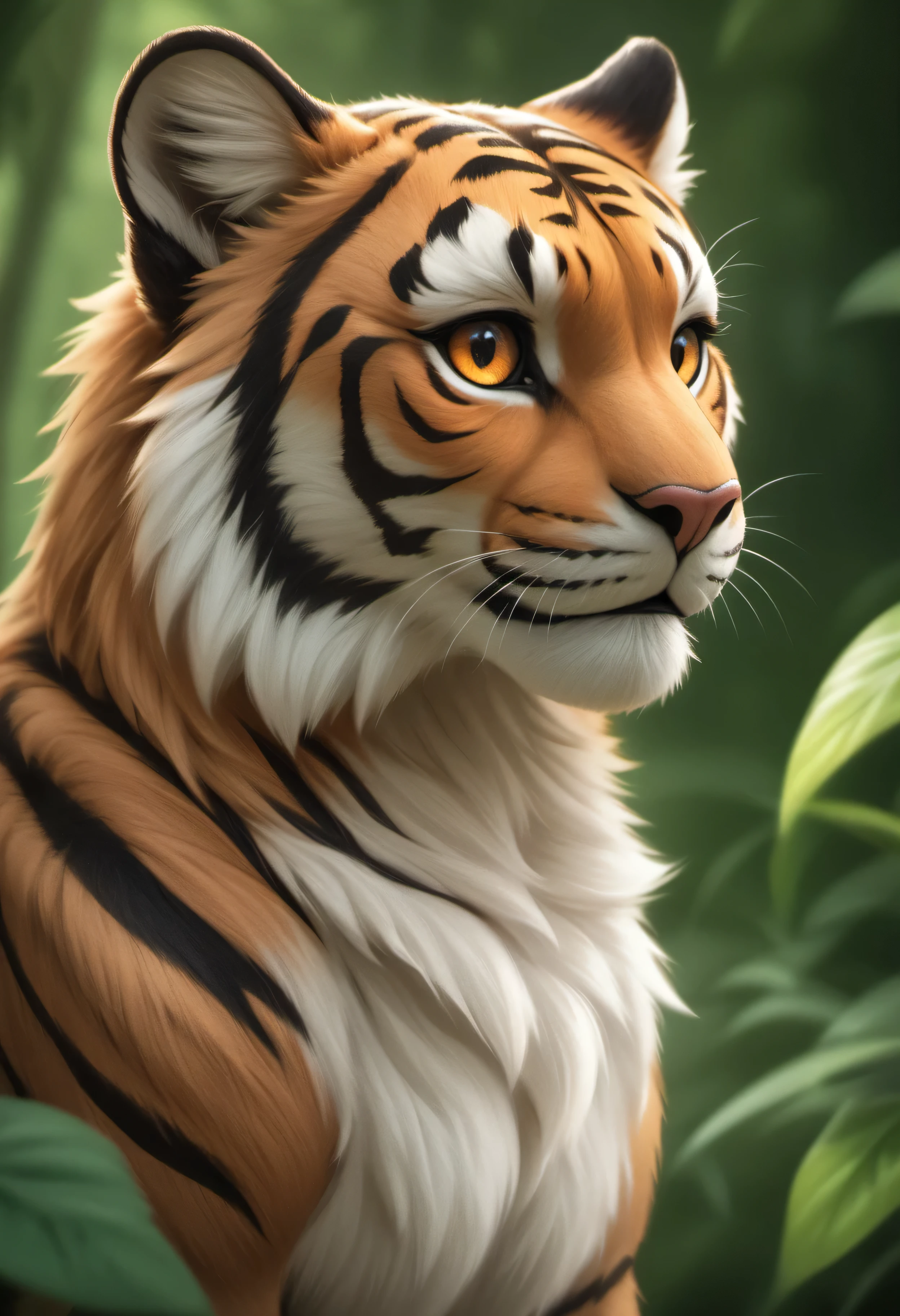 "(best quality,4k,8k,highres,masterpiece:1.2),ultra-detailed,(realistic,photorealistic,photo-realistic:1.37),tiger vector,illustration,vibrant colors,striking black and orange,sharp focus,detailed fur texture,ferocious expression,graceful stance,powerful presence,artistic interpretation,vivid brushstrokes,digital art,hint of abstraction,dynamic composition,dramatic lighting,strong contrast,captivating eyes,background of lush jungle,subtle hints of movement,wild and untamed,eye-catching centerpiece,layered depth,exquisite attention to detail,impressive craftsmanship"