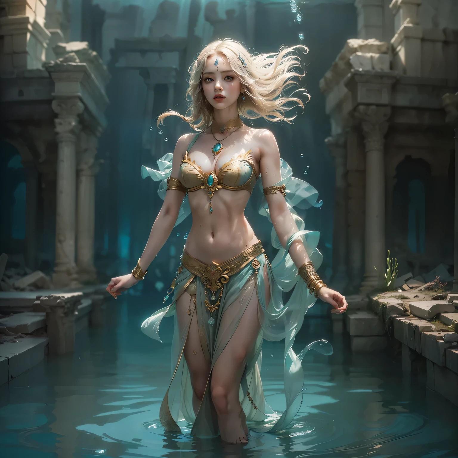 landscape, water (extremely detailed CG unity 8k wallpaper), the most beautiful artwork in the world, professional majestic oil painting, intricate, high detail, sharp focus, dramatic, photorealistic. Princess show stomach long legs wear jewellers