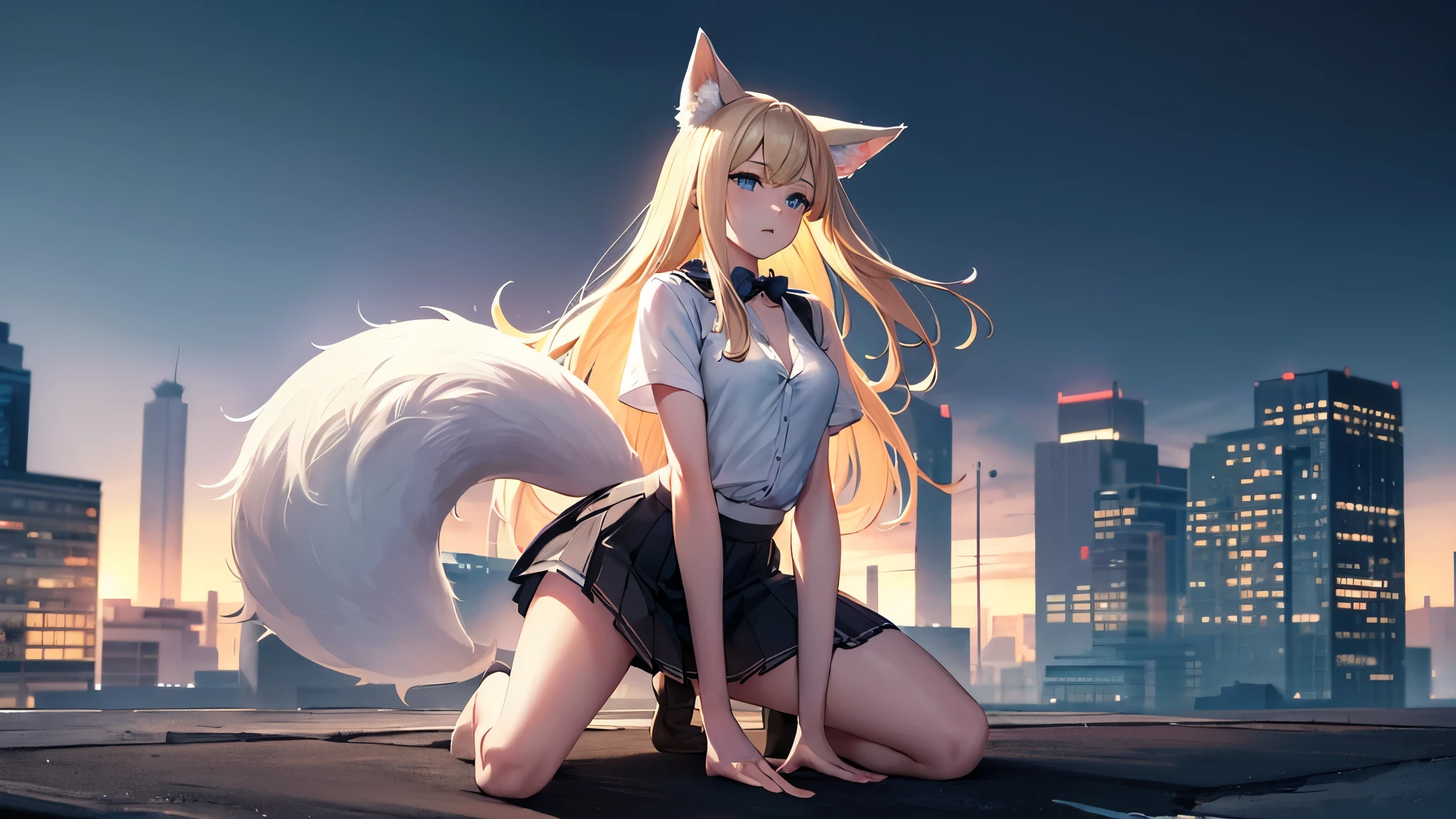 A girl, long blonde hair, large breasts, blonde pointed Neko cat ears, lime green light cat eyes, long red painted fingernails, wearing a black collar with bells, a red crop top with a deep neckline, a black short mini skirt with black tights, high black heeled boots, with a blonde cat tail, stands tall in a city, high res, ultrasharp, 8K, masterpiece
