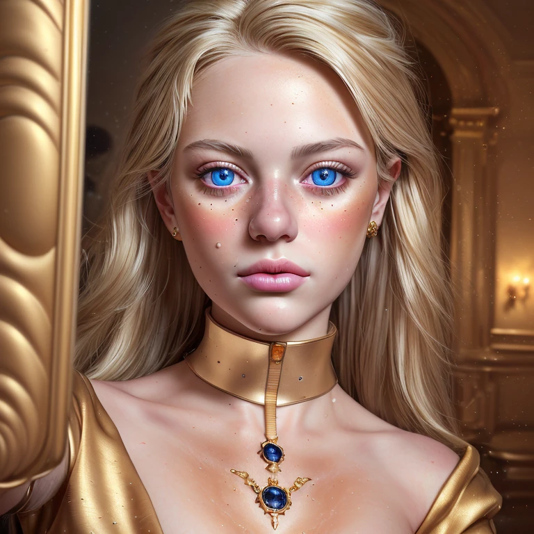8K, Best quality, masterpiece, ultra high resolution, (realism: 1.4), original photo, (Realistic skin texture: 1.3), (granularity: 1.3), (Selfie angle), 1 girl, golden clothes, Sapphire eyes and beautiful facial details, masterpiece, Best quality, Close-up, upper body, Check hairstyle, blonde hair
