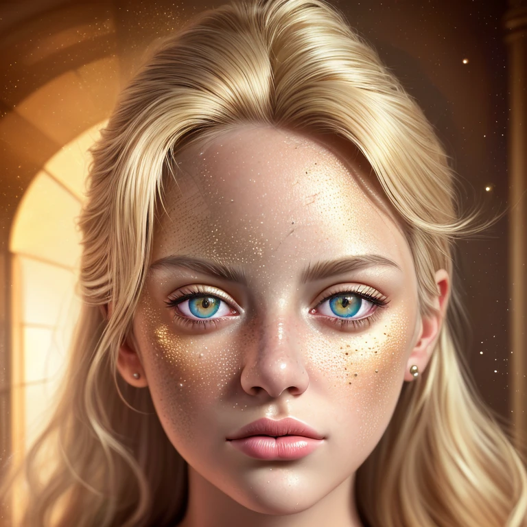 8K, Best quality, masterpiece, ultra high resolution, (realism: 1.4), original photo, (Realistic skin texture: 1.3), (granularity: 1.3), (Selfie angle), 1 girl, golden clothes, Sapphire eyes and beautiful facial details, masterpiece, Best quality, Close-up, upper body, Check hairstyle, blonde hair 